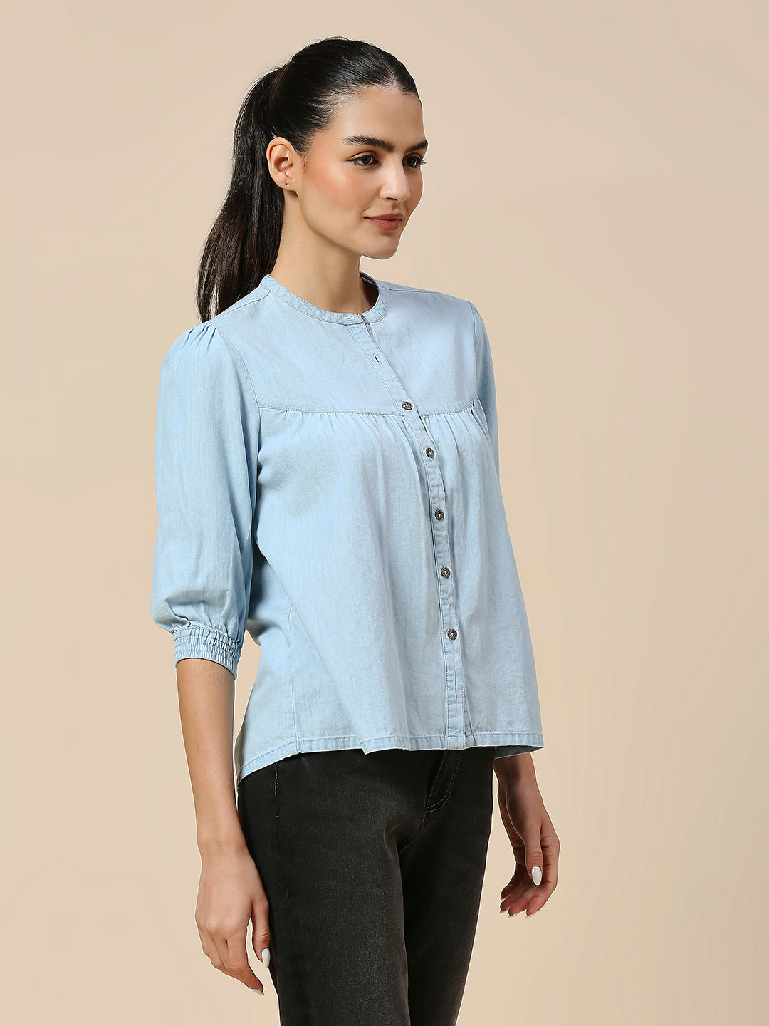 ICE WASH LIGHT WEIGHT DENIM GATHERED SWING AWAY CROP TOP