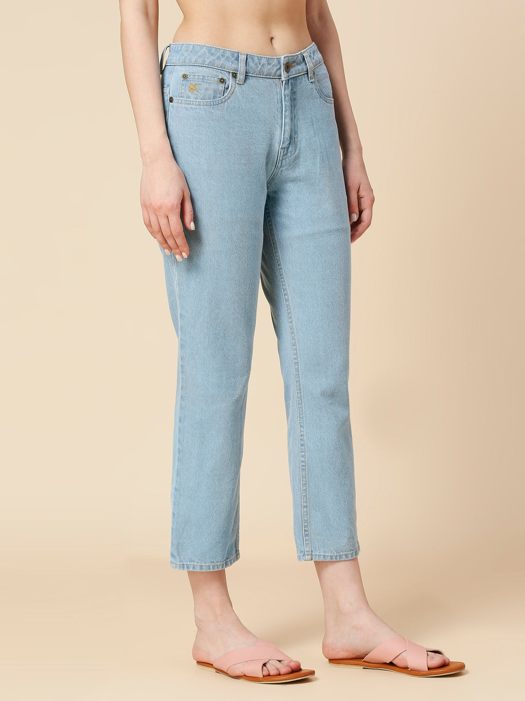 ICE WASH DENIM MID RISE STRAIGHT LEG CROPPED JEANS