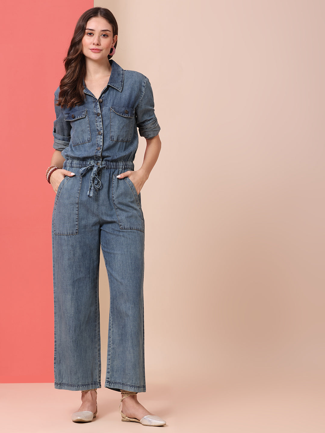 DENIM ACID WASH STRAIGHT LEG JUMPSUIT