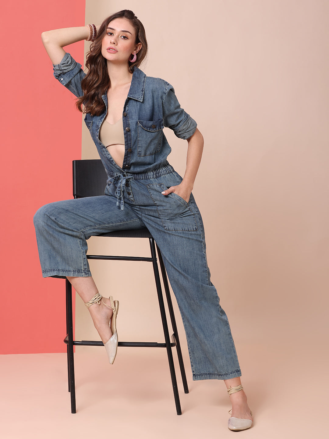 DENIM ACID WASH STRAIGHT LEG JUMPSUIT