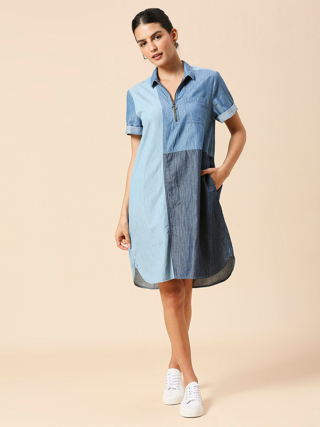 COLOUR BLOCKED LIGHT WEIGHT DENIM SHIRT DRESS