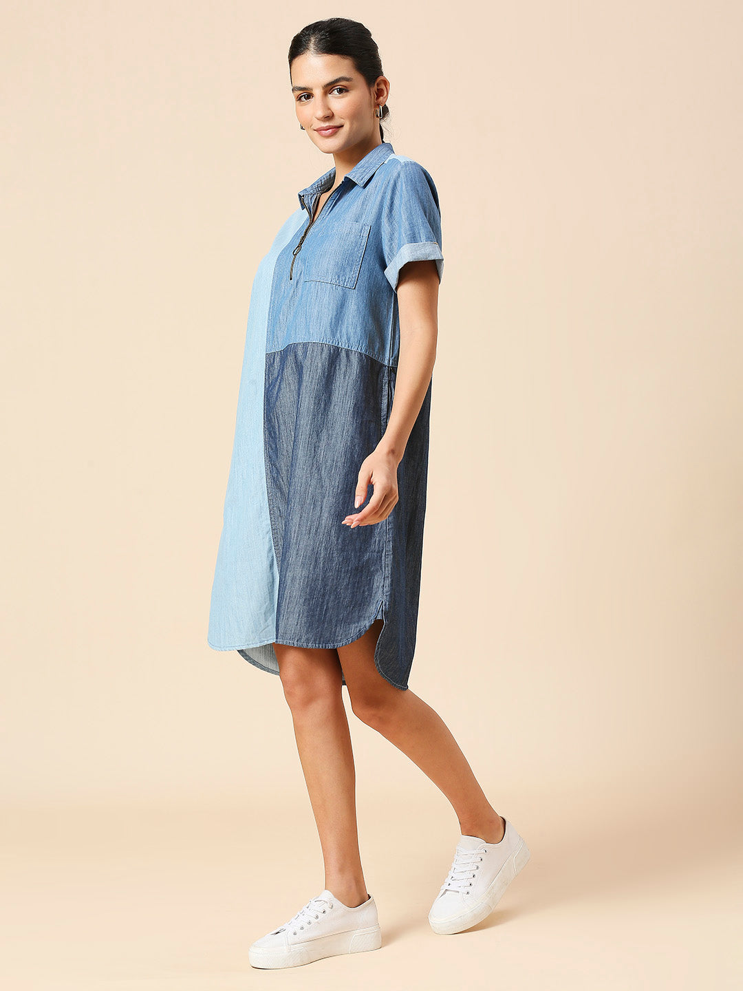 COLOUR BLOCKED LIGHT WEIGHT DENIM SHIRT DRESS