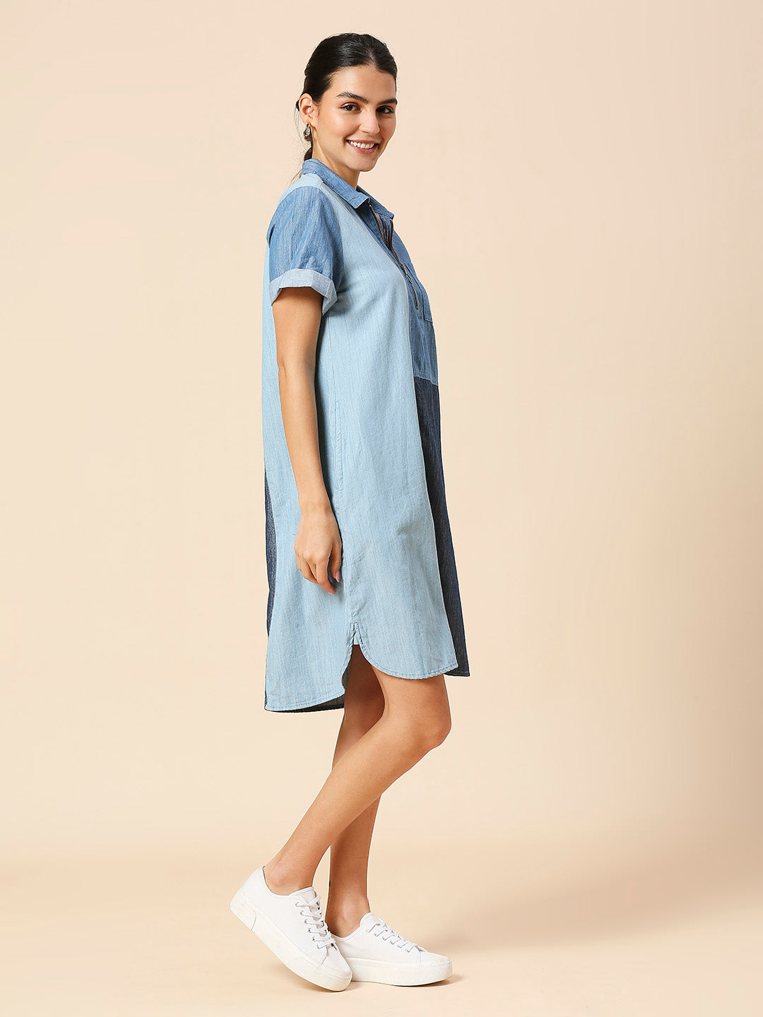 COLOUR BLOCKED LIGHT WEIGHT DENIM SHIRT DRESS