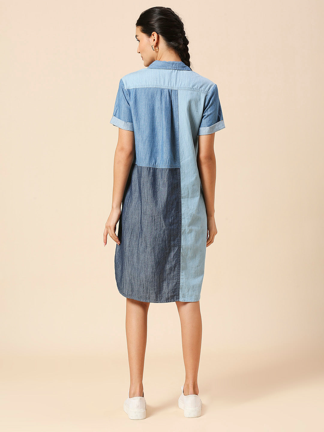 COLOUR BLOCKED LIGHT WEIGHT DENIM SHIRT DRESS