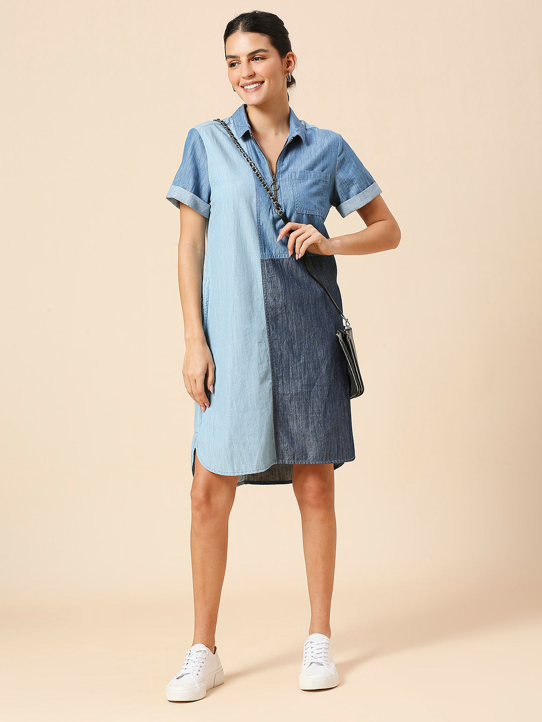 COLOUR BLOCKED LIGHT WEIGHT DENIM SHIRT DRESS