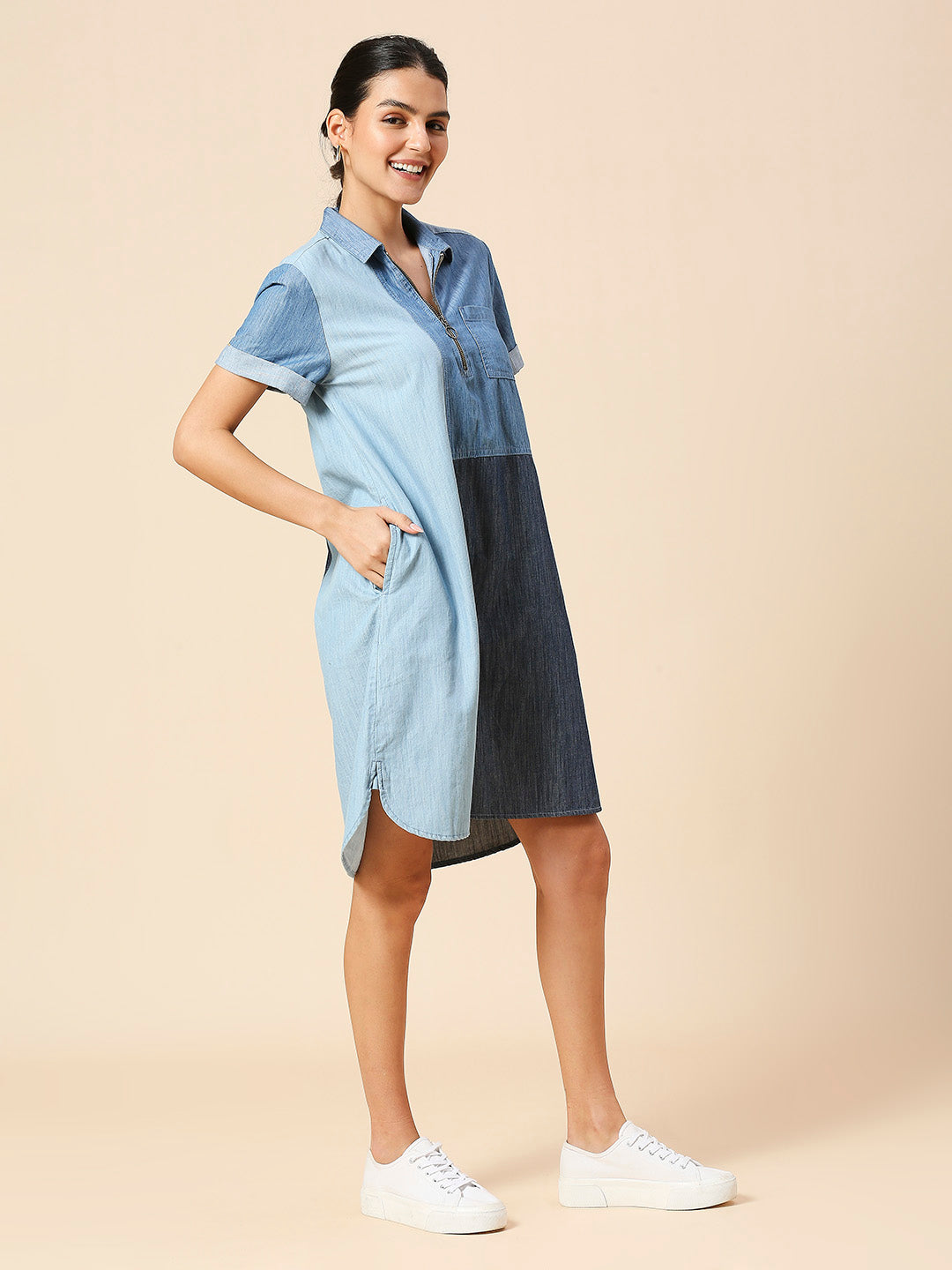 COLOUR BLOCKED LIGHT WEIGHT DENIM SHIRT DRESS