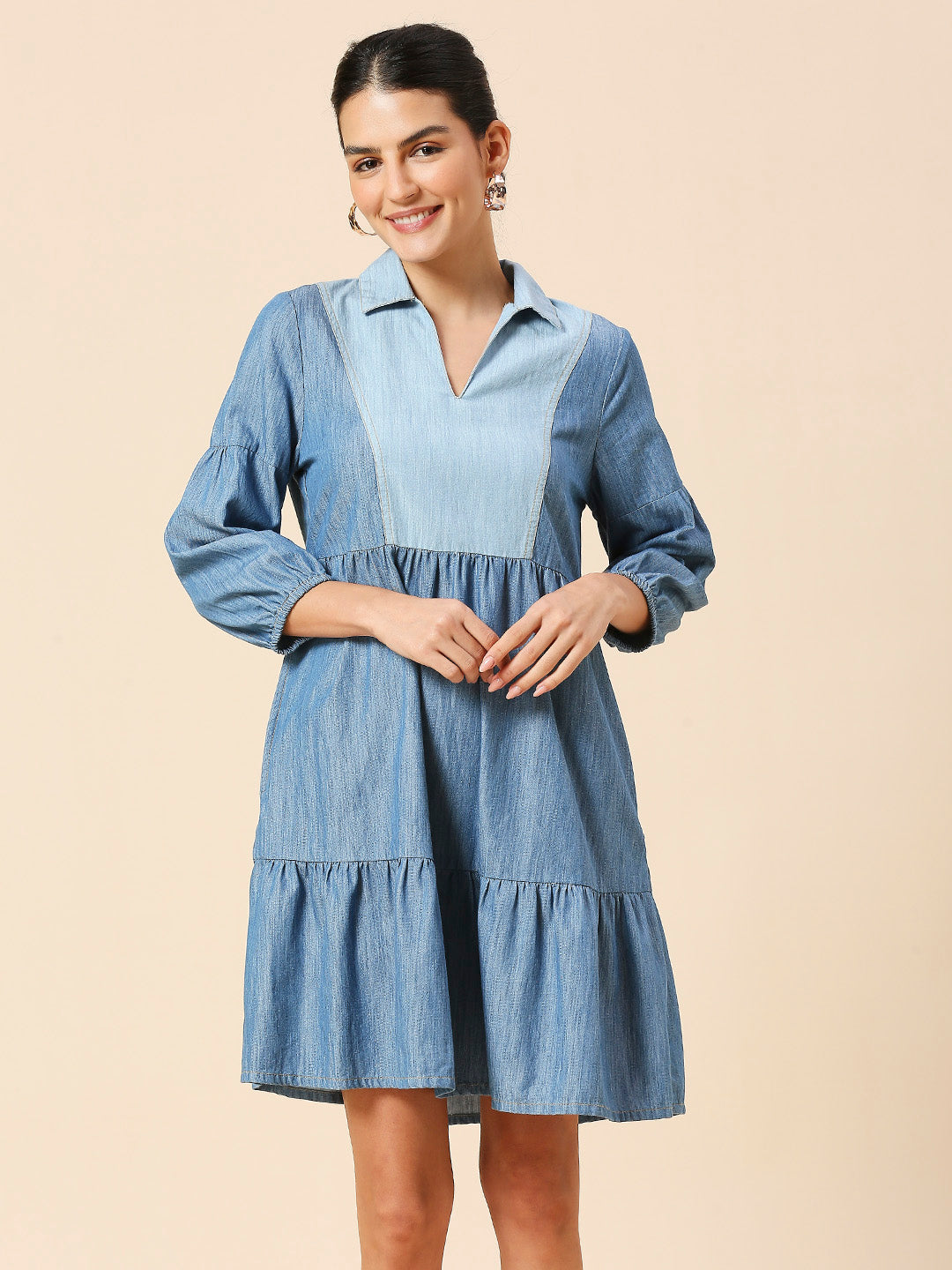 COLOUR BLOCKED LIGHT WEIGHT DENIM TIERED DRESS