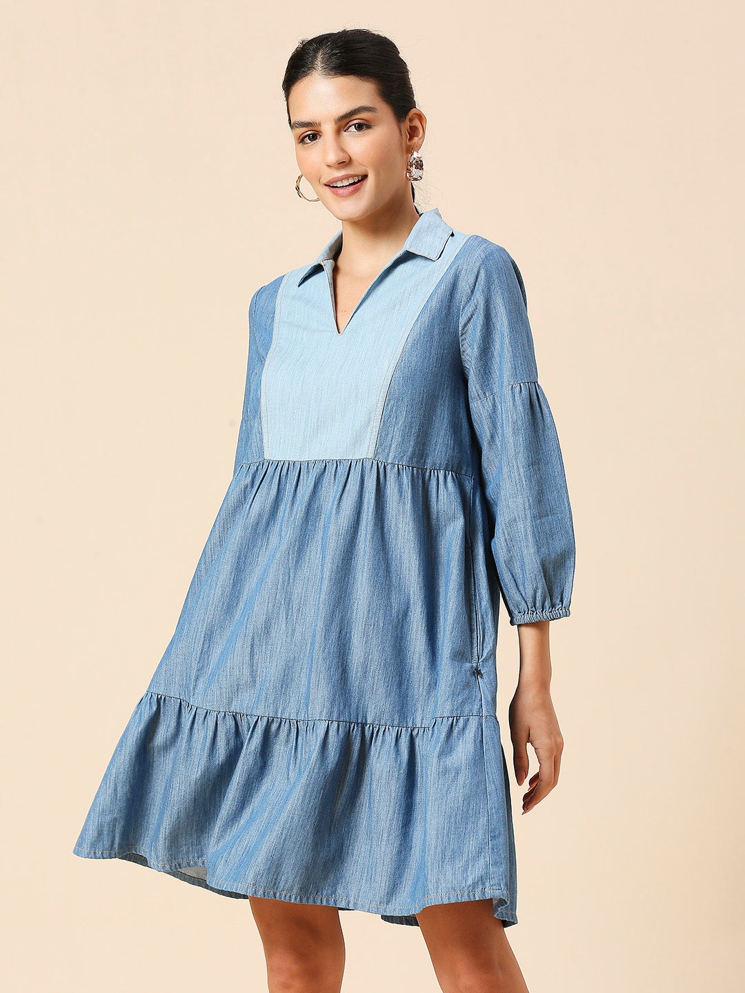 COLOUR BLOCKED LIGHT WEIGHT DENIM TIERED DRESS