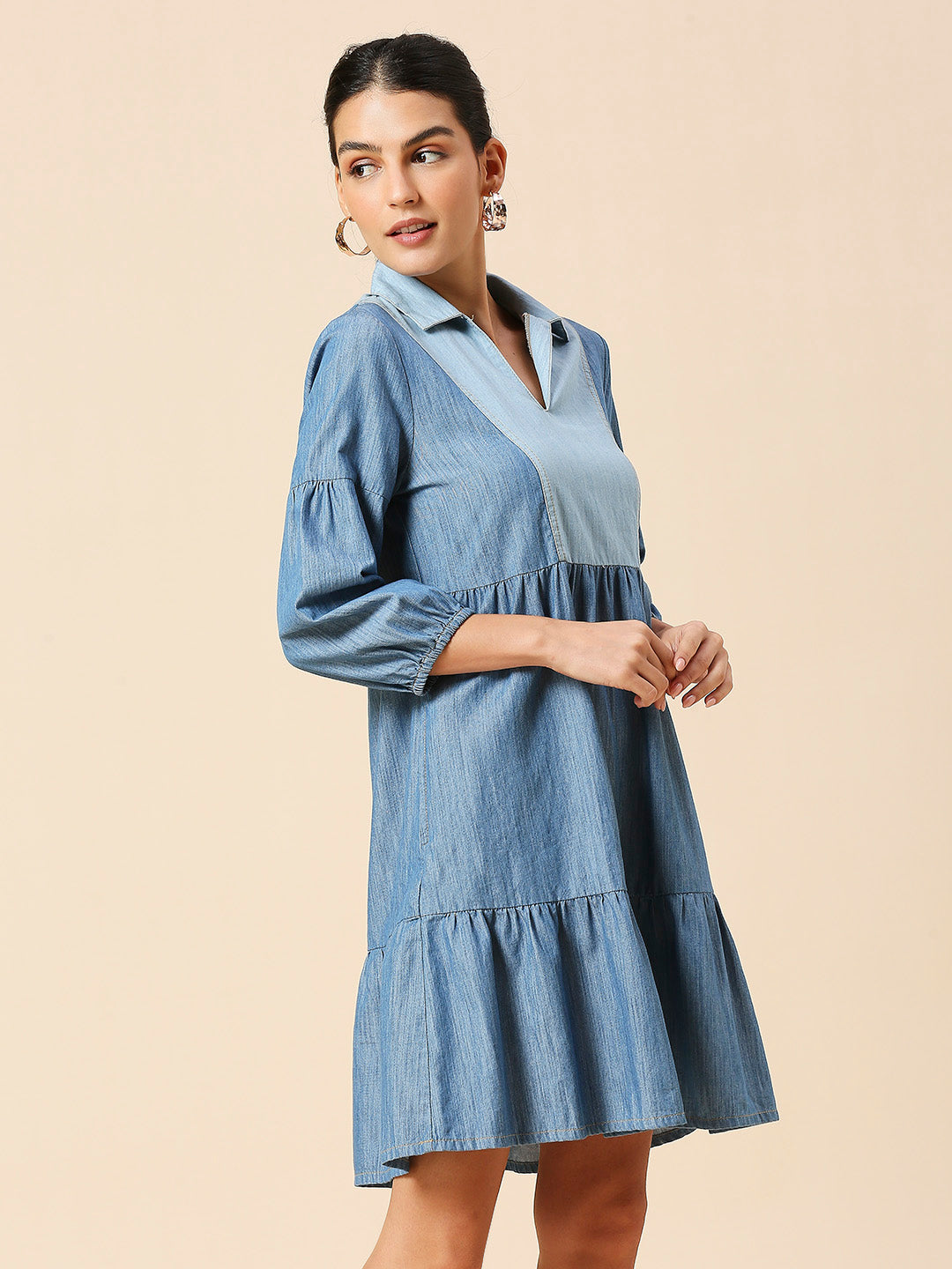 COLOUR BLOCKED LIGHT WEIGHT DENIM TIERED DRESS