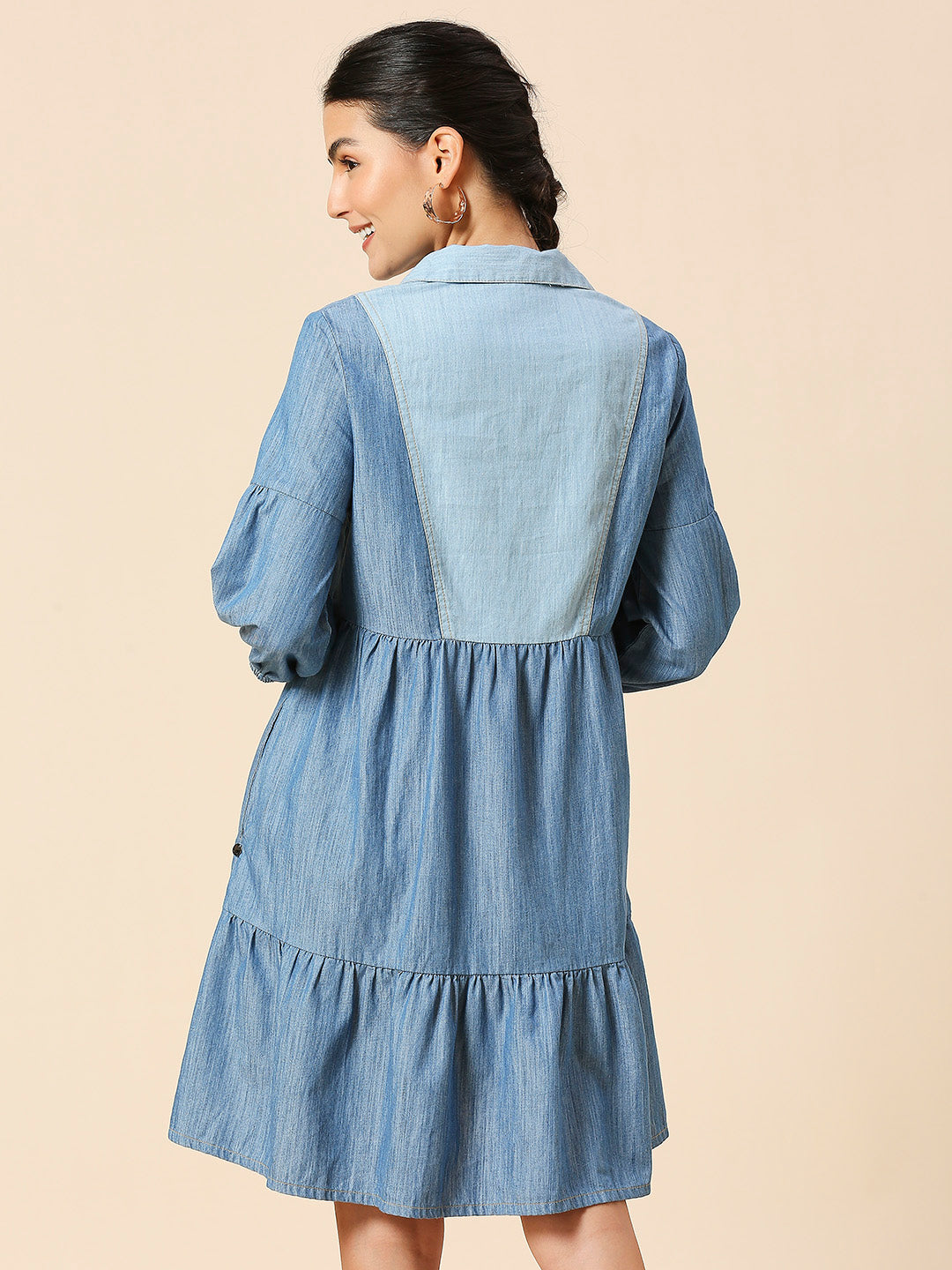 COLOUR BLOCKED LIGHT WEIGHT DENIM TIERED DRESS