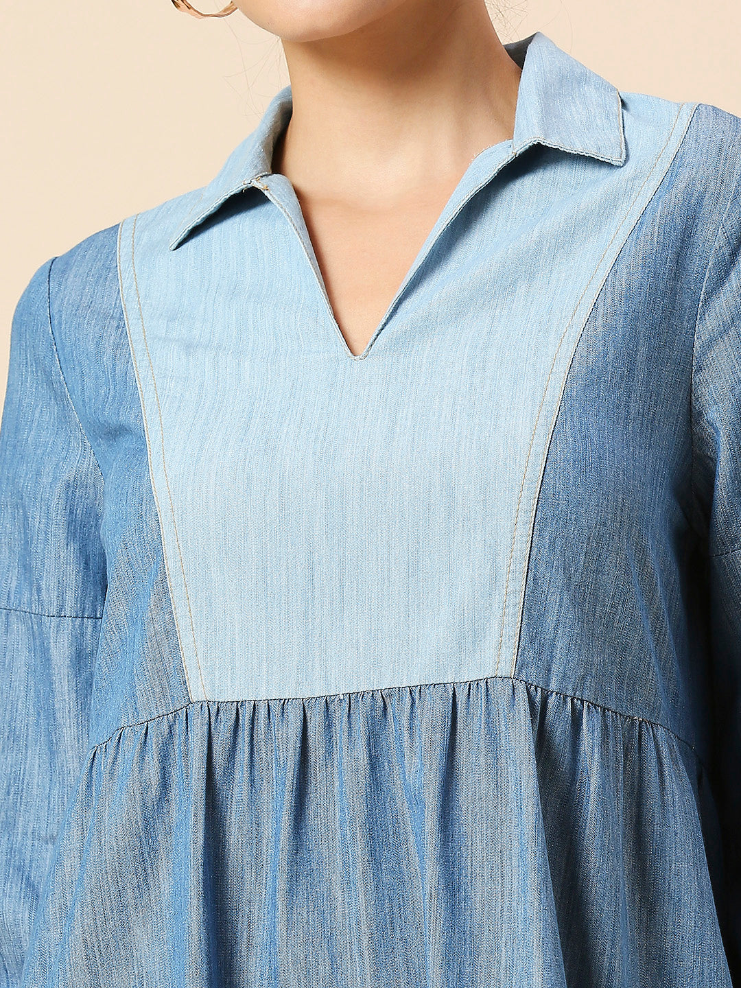 COLOUR BLOCKED LIGHT WEIGHT DENIM TIERED DRESS