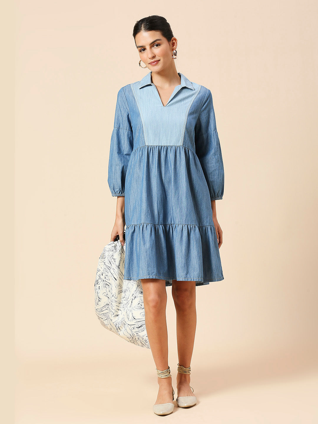 COLOUR BLOCKED LIGHT WEIGHT DENIM TIERED DRESS