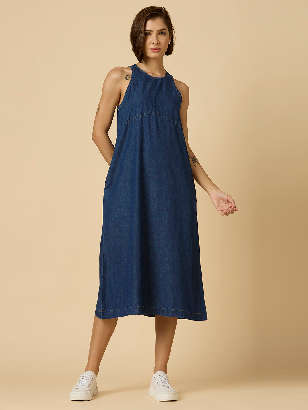 DENIM A-LINE CALF LENGTH DRESS