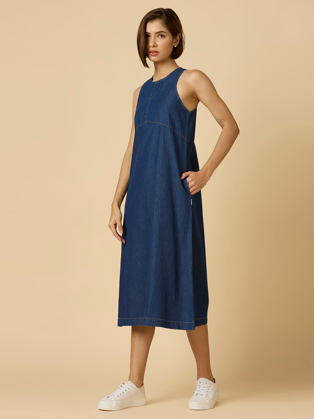 DENIM A-LINE CALF LENGTH DRESS