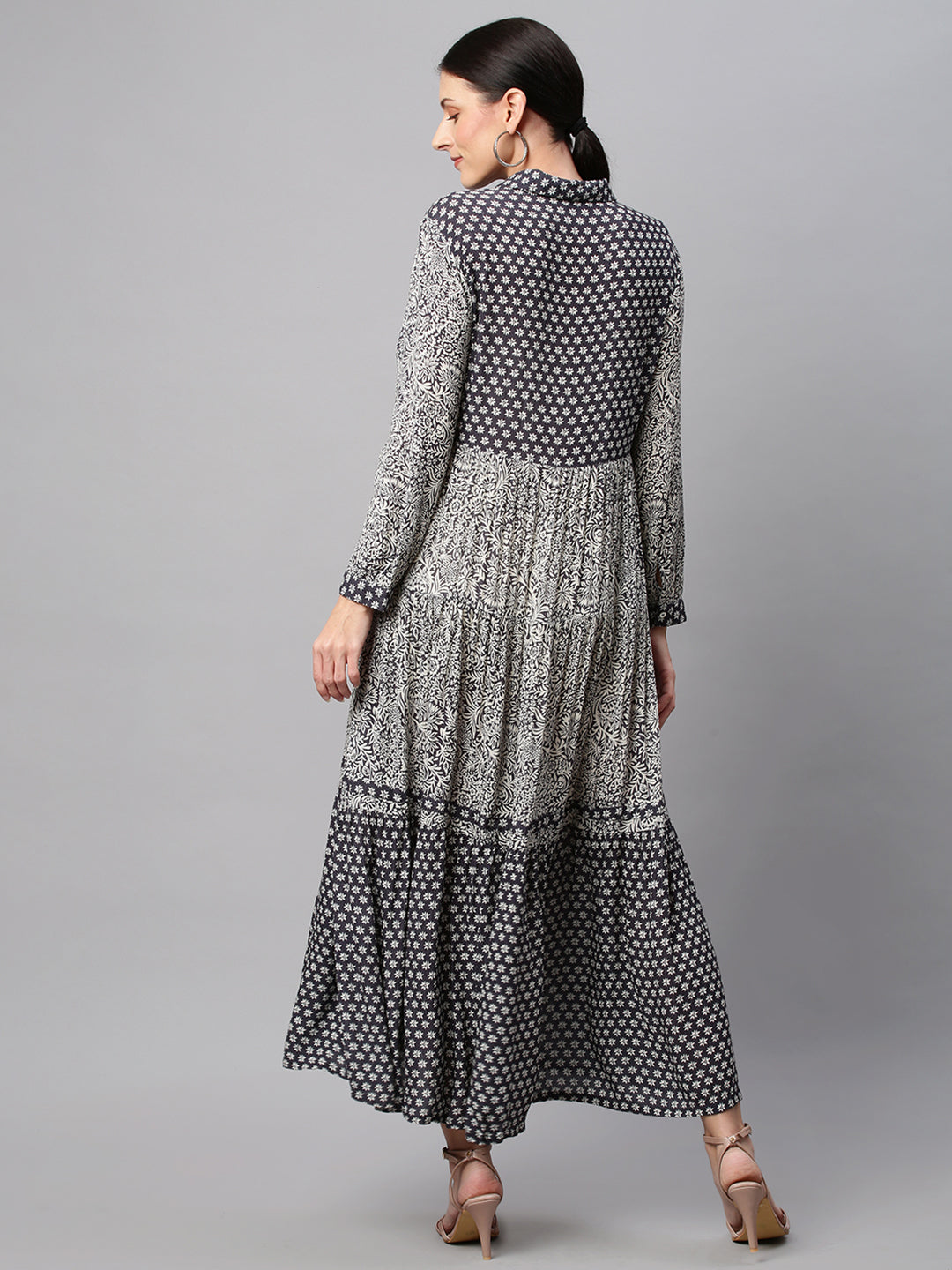 Quilted Basque Mix 'N' Match Printed Crinkle Rayon Tiered Maxi Dress