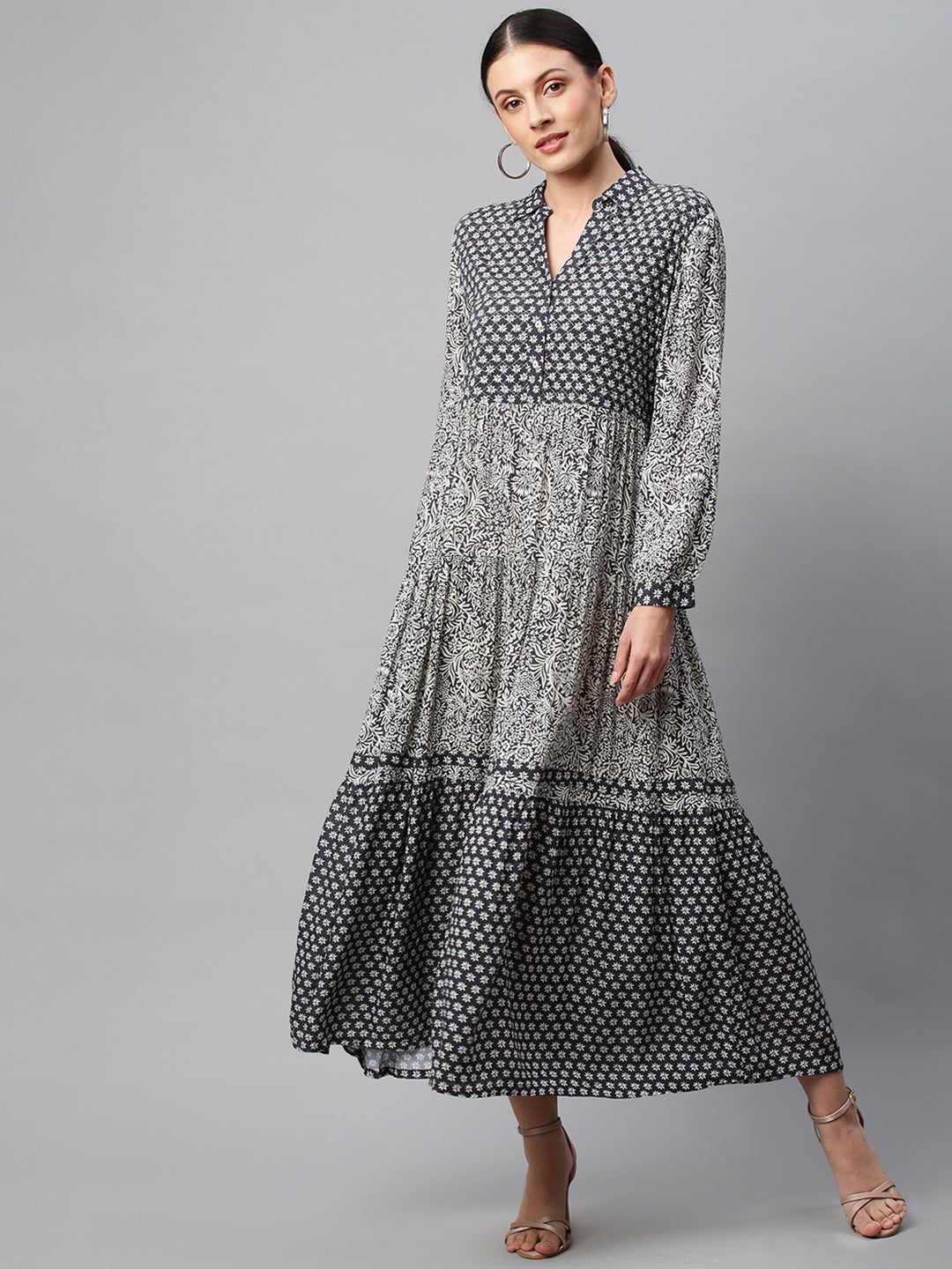 Quilted Basque Mix 'N' Match Printed Crinkle Rayon Tiered Maxi Dress