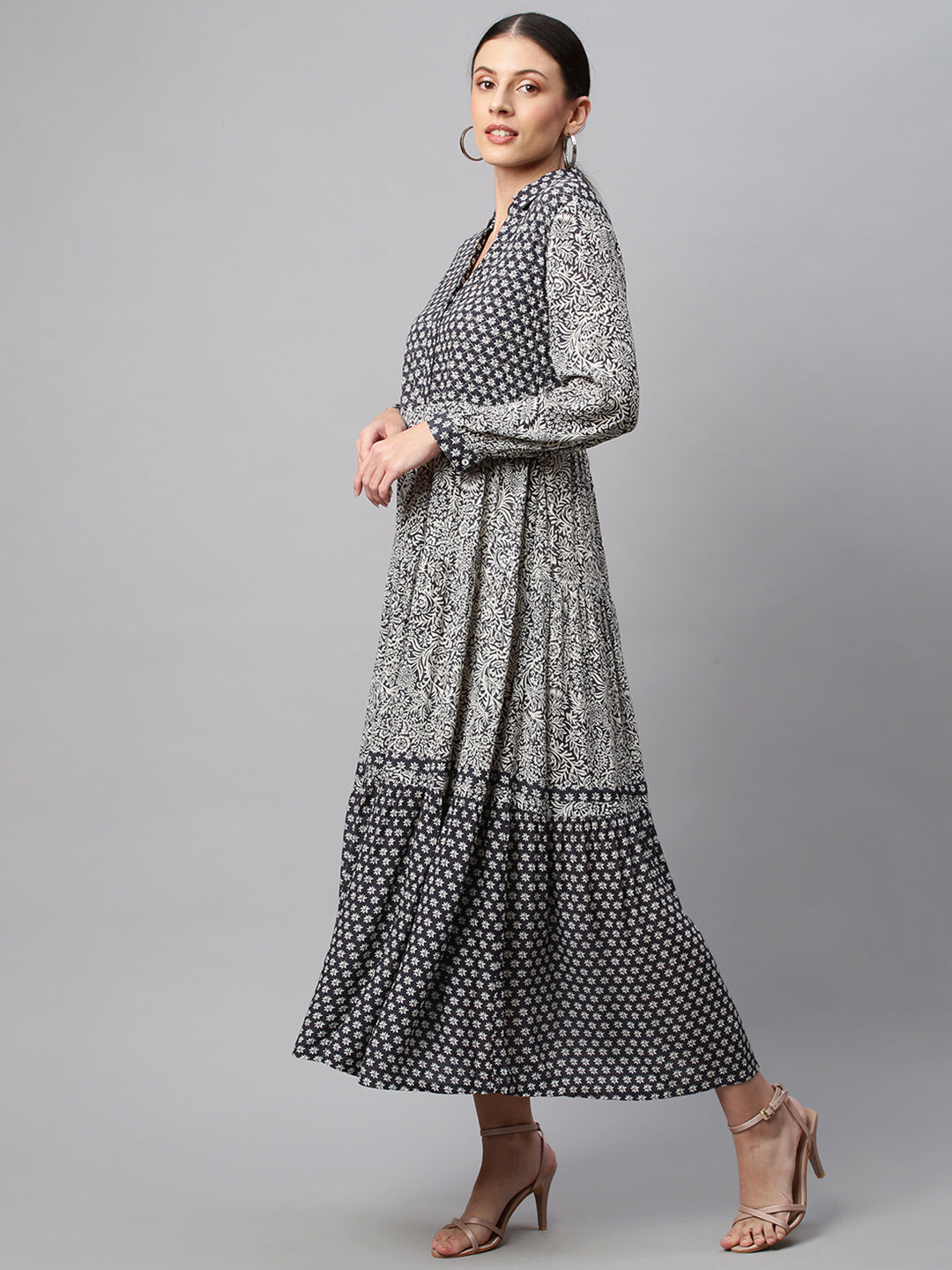 Quilted Basque Mix 'N' Match Printed Crinkle Rayon Tiered Maxi Dress