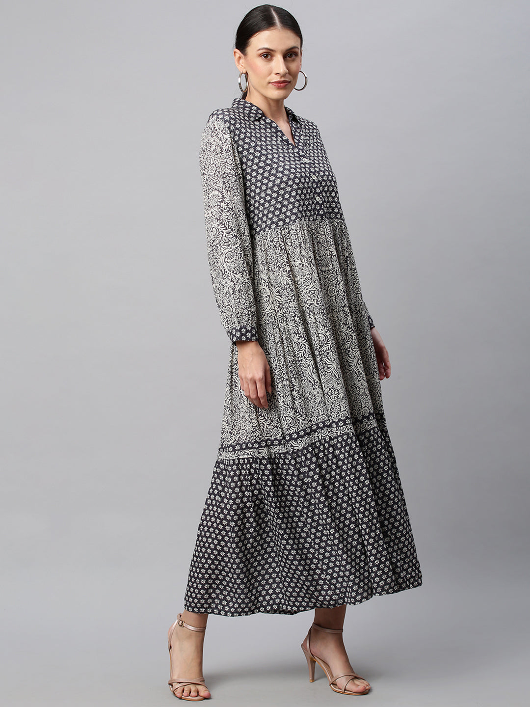 Quilted Basque Mix 'N' Match Printed Crinkle Rayon Tiered Maxi Dress