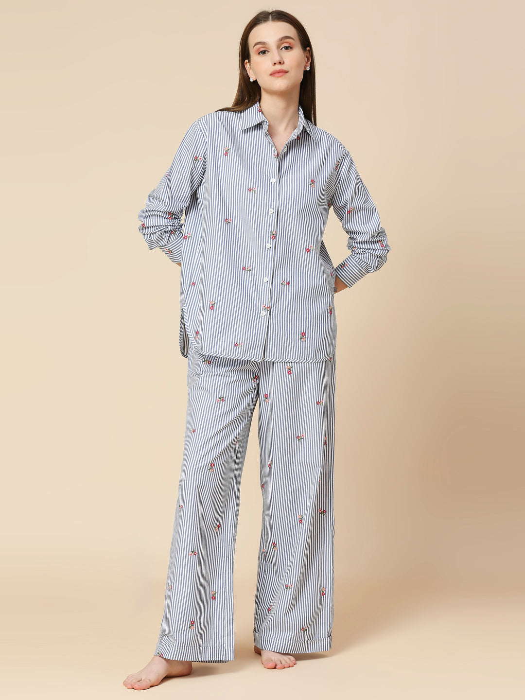 STRIPED ALL OVER EMBROIDERED SHIRT & WIDE LEG PULL ON PANT LOUNGE SET