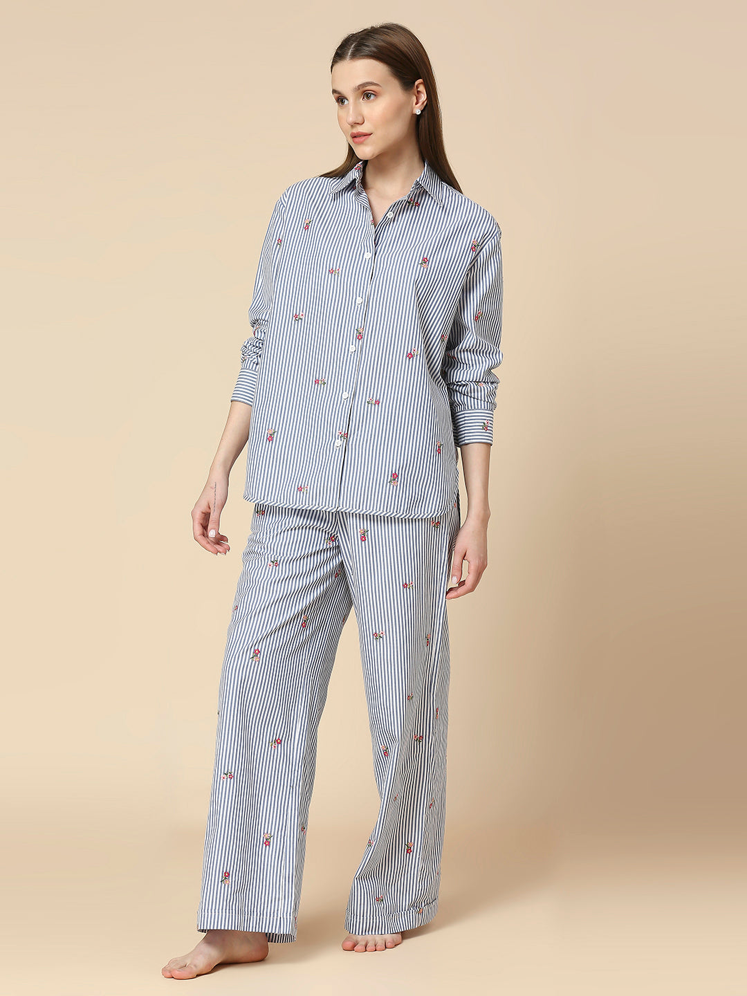 STRIPED ALL OVER EMBROIDERED SHIRT & WIDE LEG PULL ON PANT LOUNGE SET