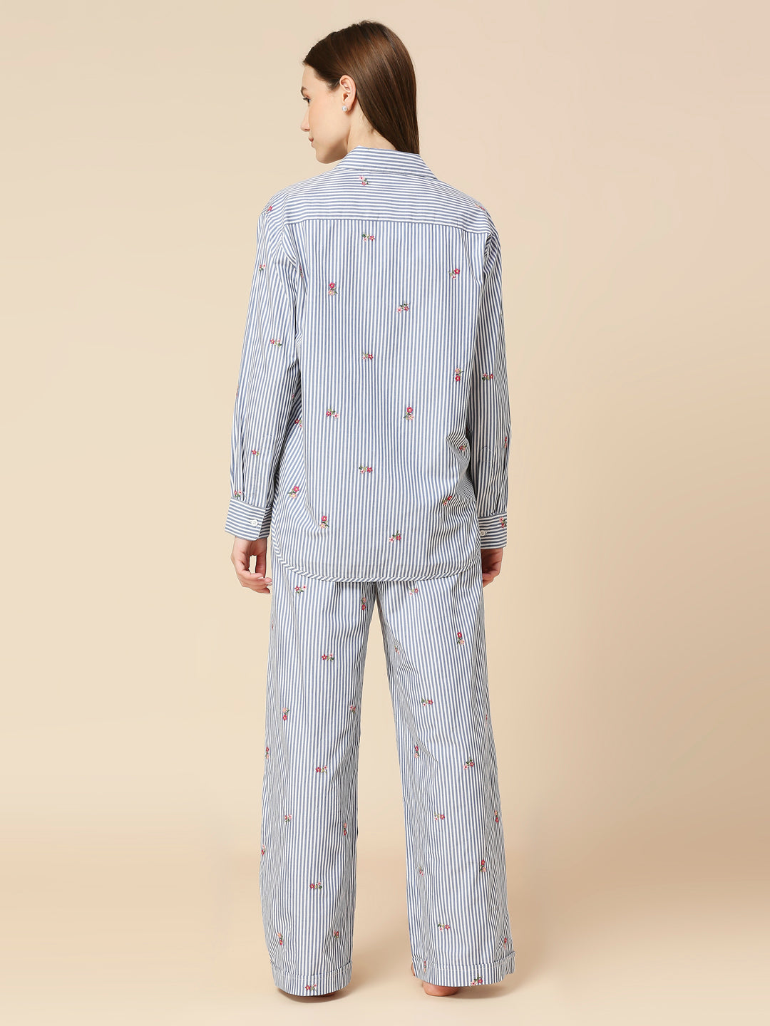 STRIPED ALL OVER EMBROIDERED SHIRT & WIDE LEG PULL ON PANT LOUNGE SET