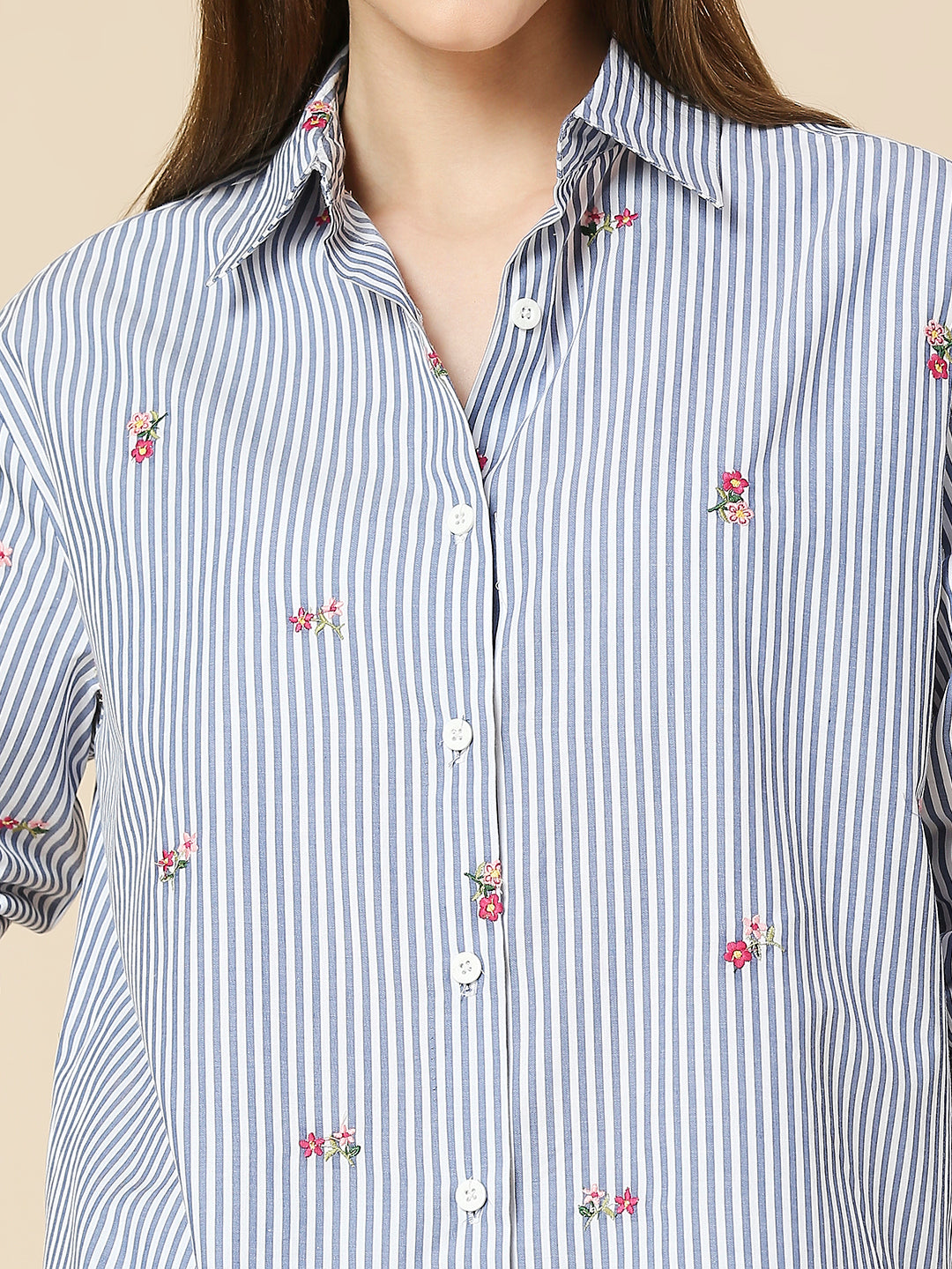 STRIPED ALL OVER EMBROIDERED SHIRT & WIDE LEG PULL ON PANT LOUNGE SET