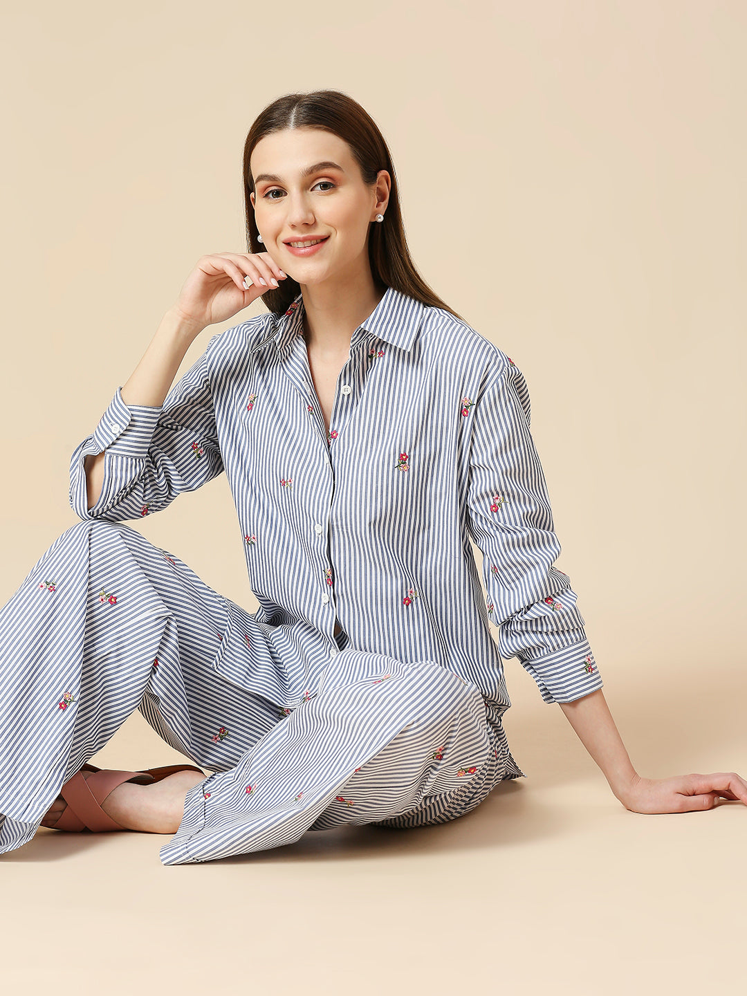 STRIPED ALL OVER EMBROIDERED SHIRT & WIDE LEG PULL ON PANT LOUNGE SET