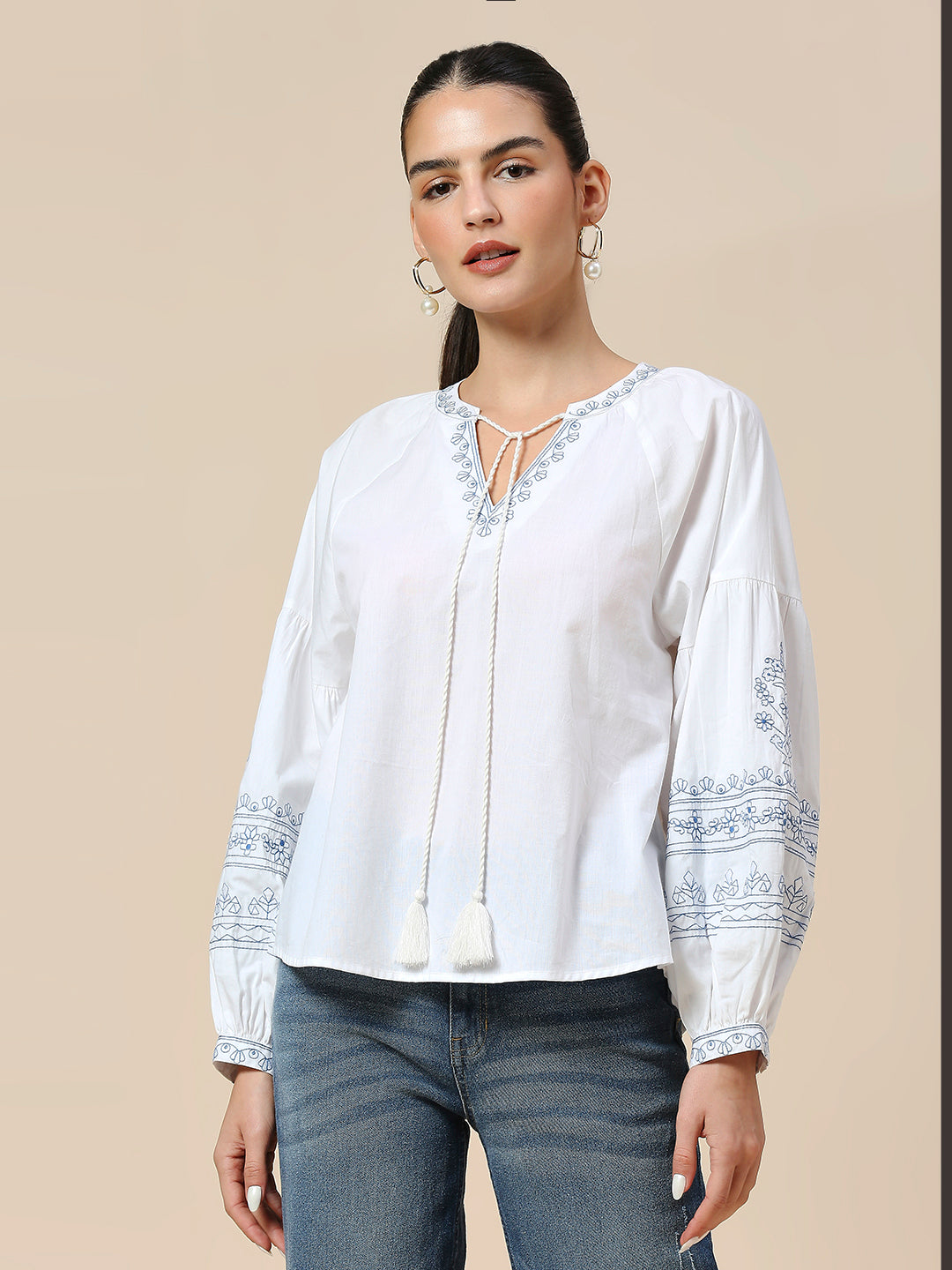 COTTON POPLIN EMBROIDERED TUNIC TOP