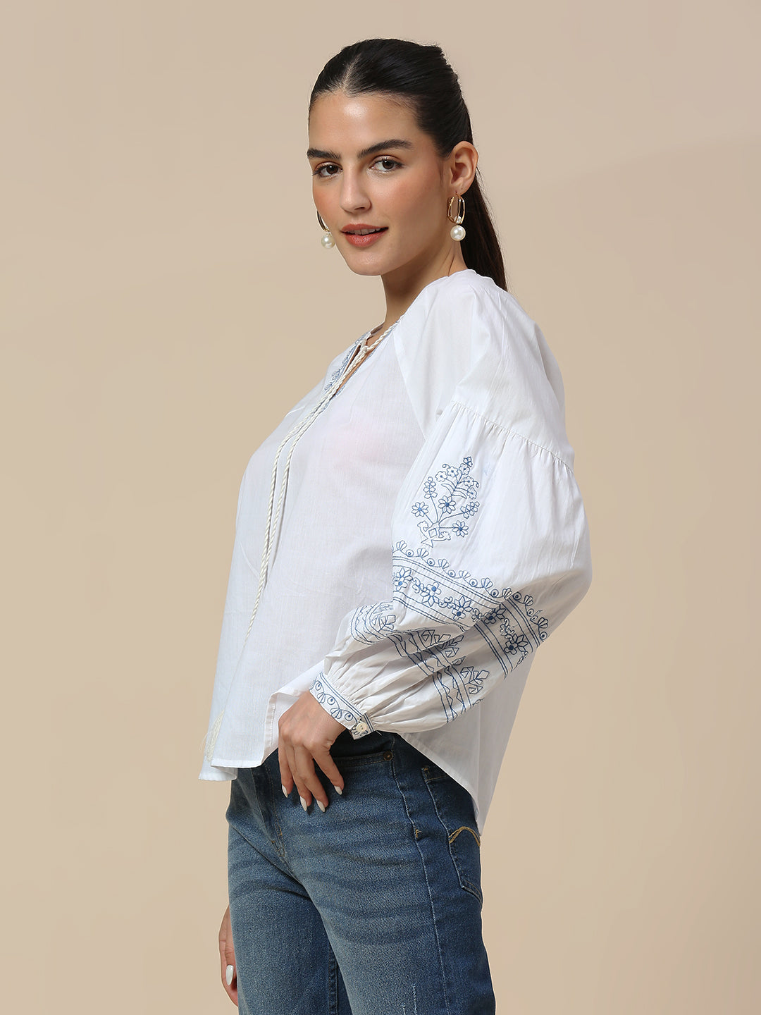 COTTON POPLIN EMBROIDERED TUNIC TOP