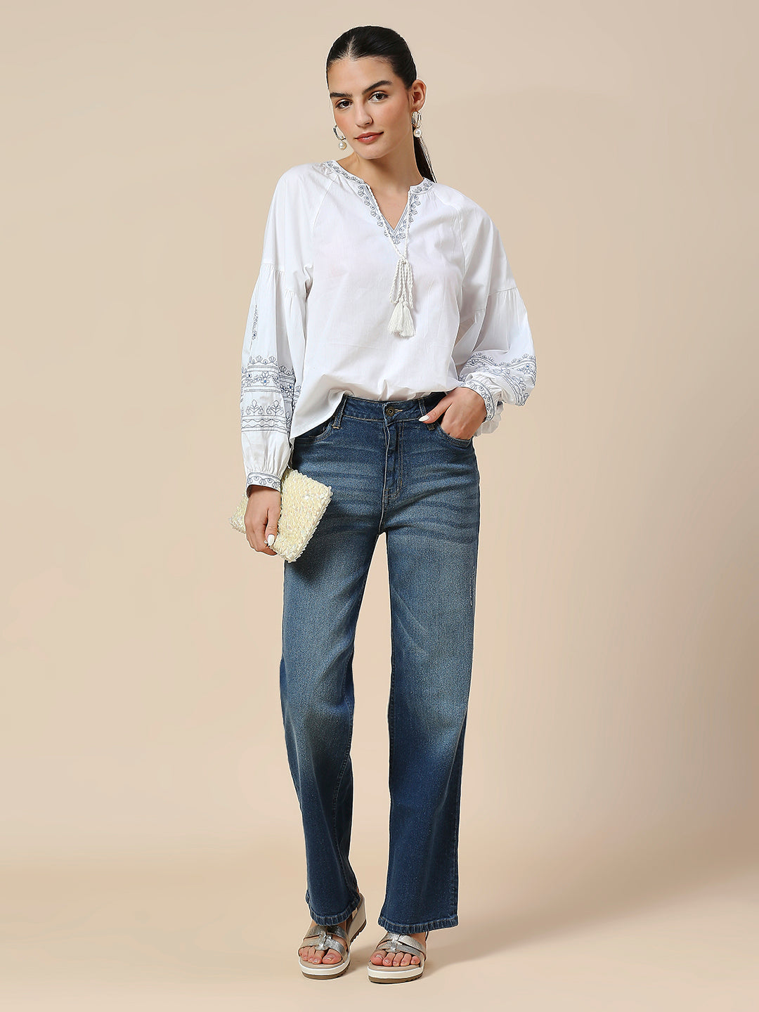 COTTON POPLIN EMBROIDERED TUNIC TOP