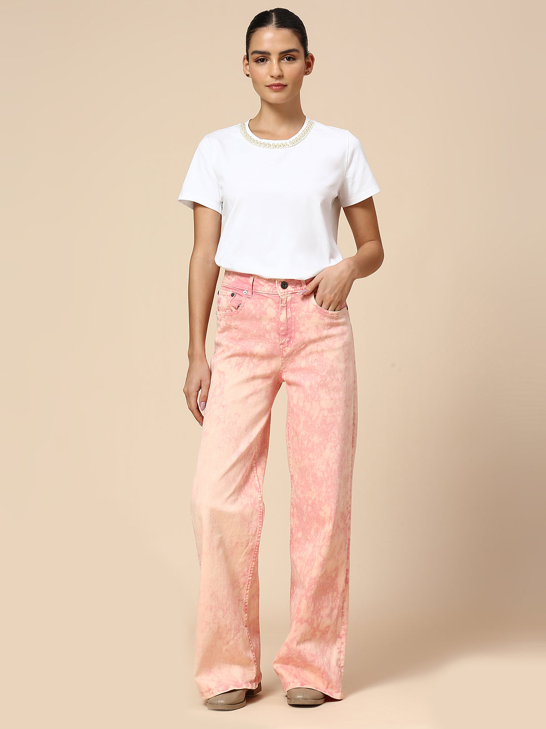 COTTON LYCRA BEAD EMBELLISHED TEE