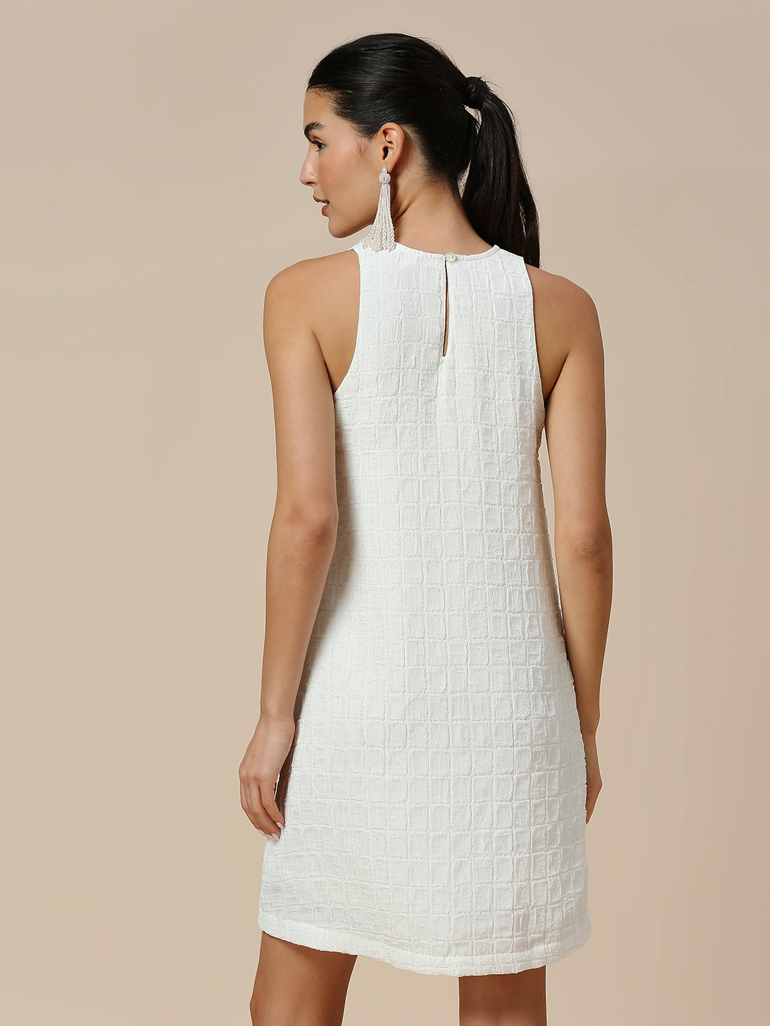 INCUT NECK TEXTURED CRUSHED POLY A-LINE DRESS