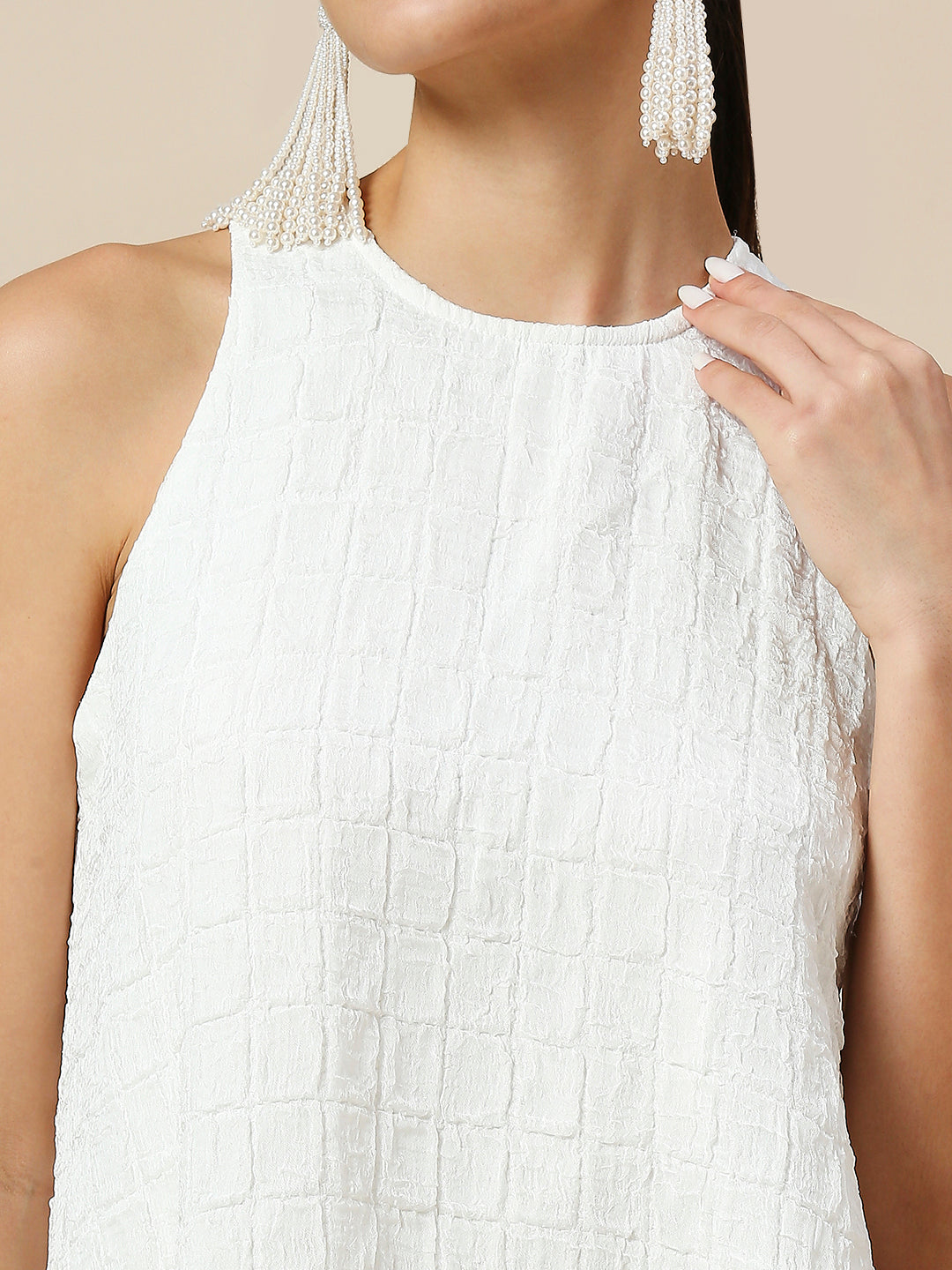 INCUT NECK TEXTURED CRUSHED POLY A-LINE DRESS