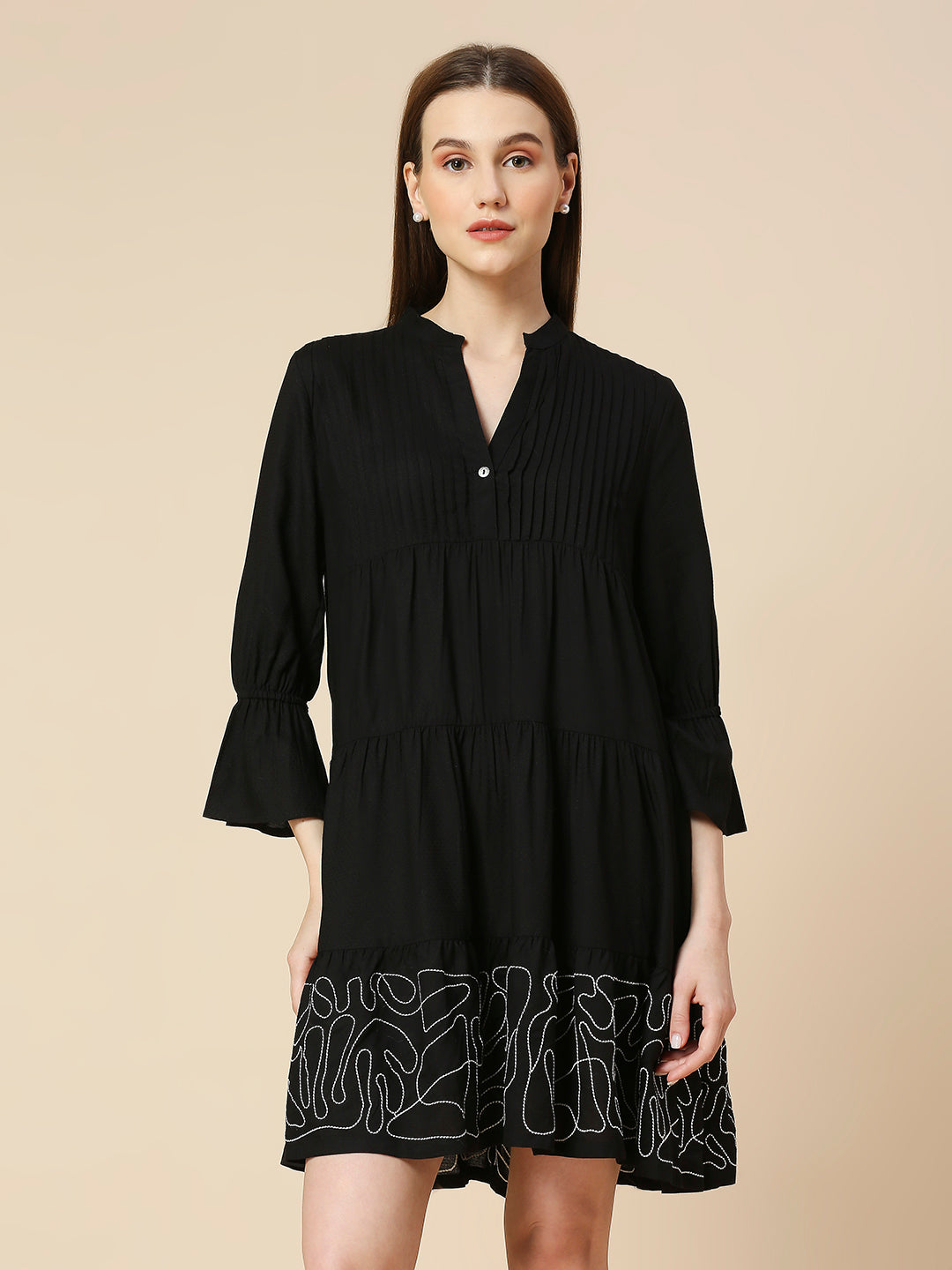 RAYON DOBBY EMBROIDERED TIERED DRESS