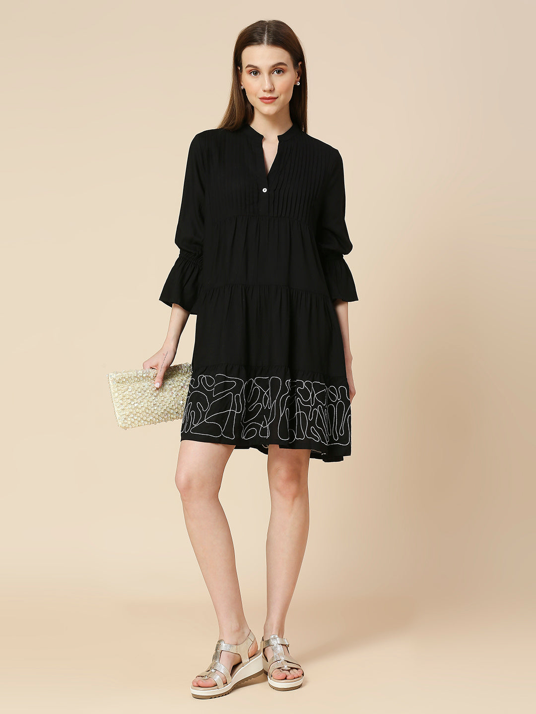 RAYON DOBBY EMBROIDERED TIERED DRESS