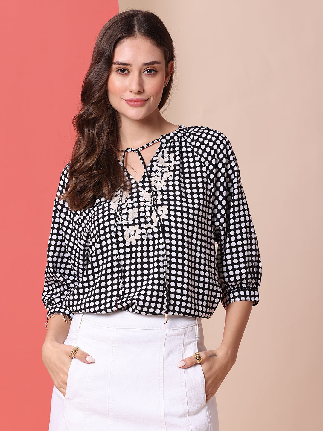 TIC TAC DOT PRINTED VISCOSE TUNIC TOP WITH EMBROIDERY