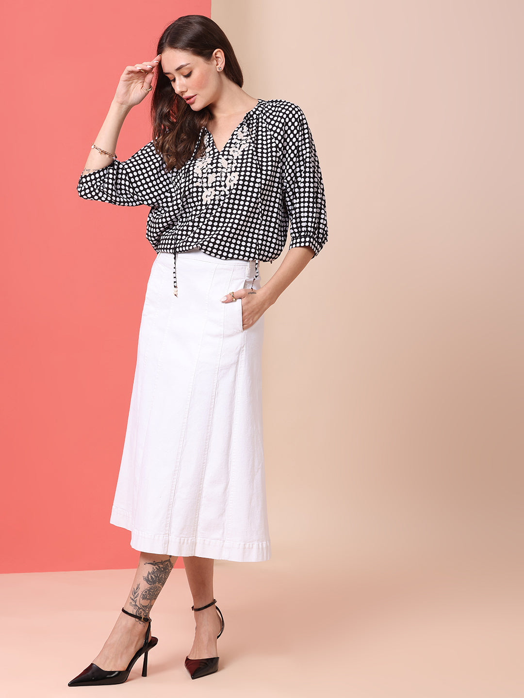 TIC TAC DOT PRINTED VISCOSE TUNIC TOP WITH EMBROIDERY