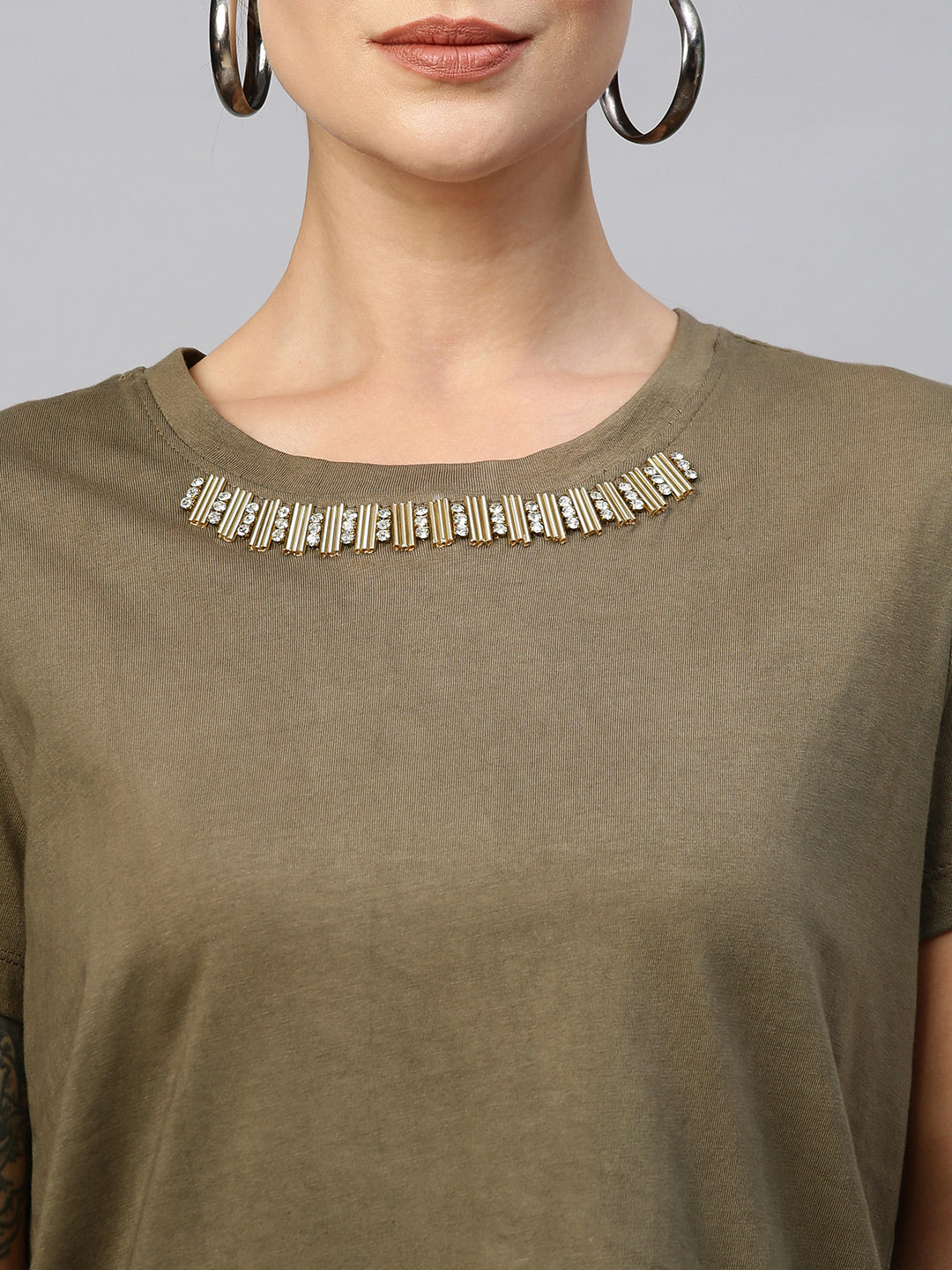 Cotton Jersey Embellished Cap Sleeve Tee