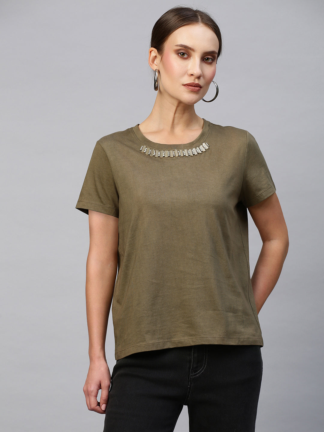 Cotton Jersey Embellished Cap Sleeve Tee