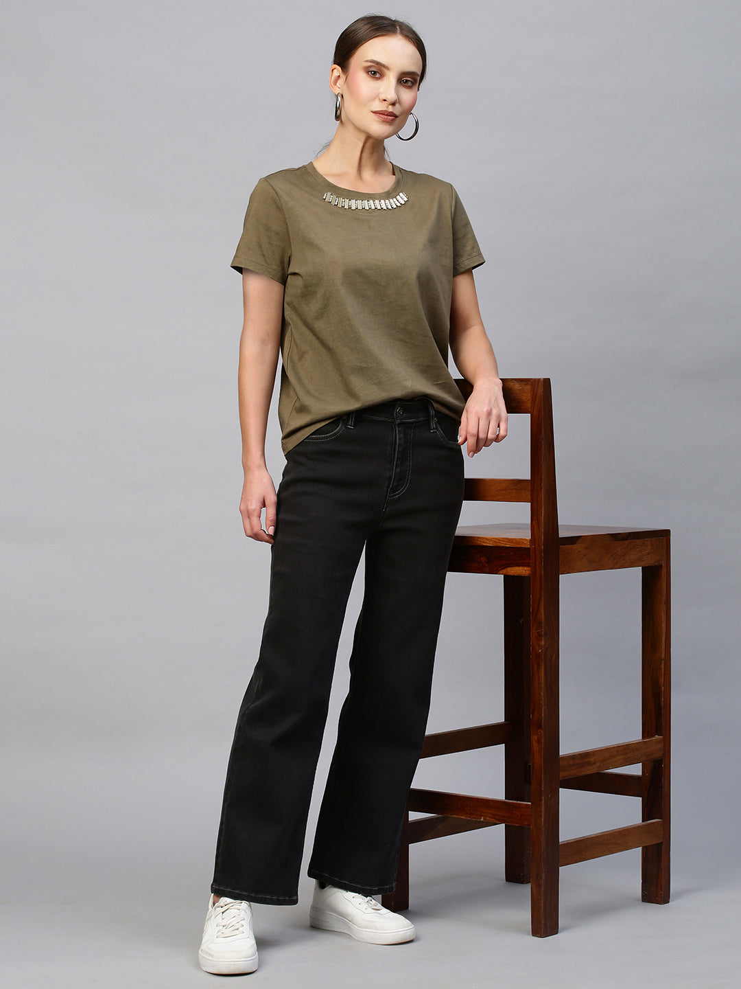 Cotton Jersey Embellished Cap Sleeve Tee