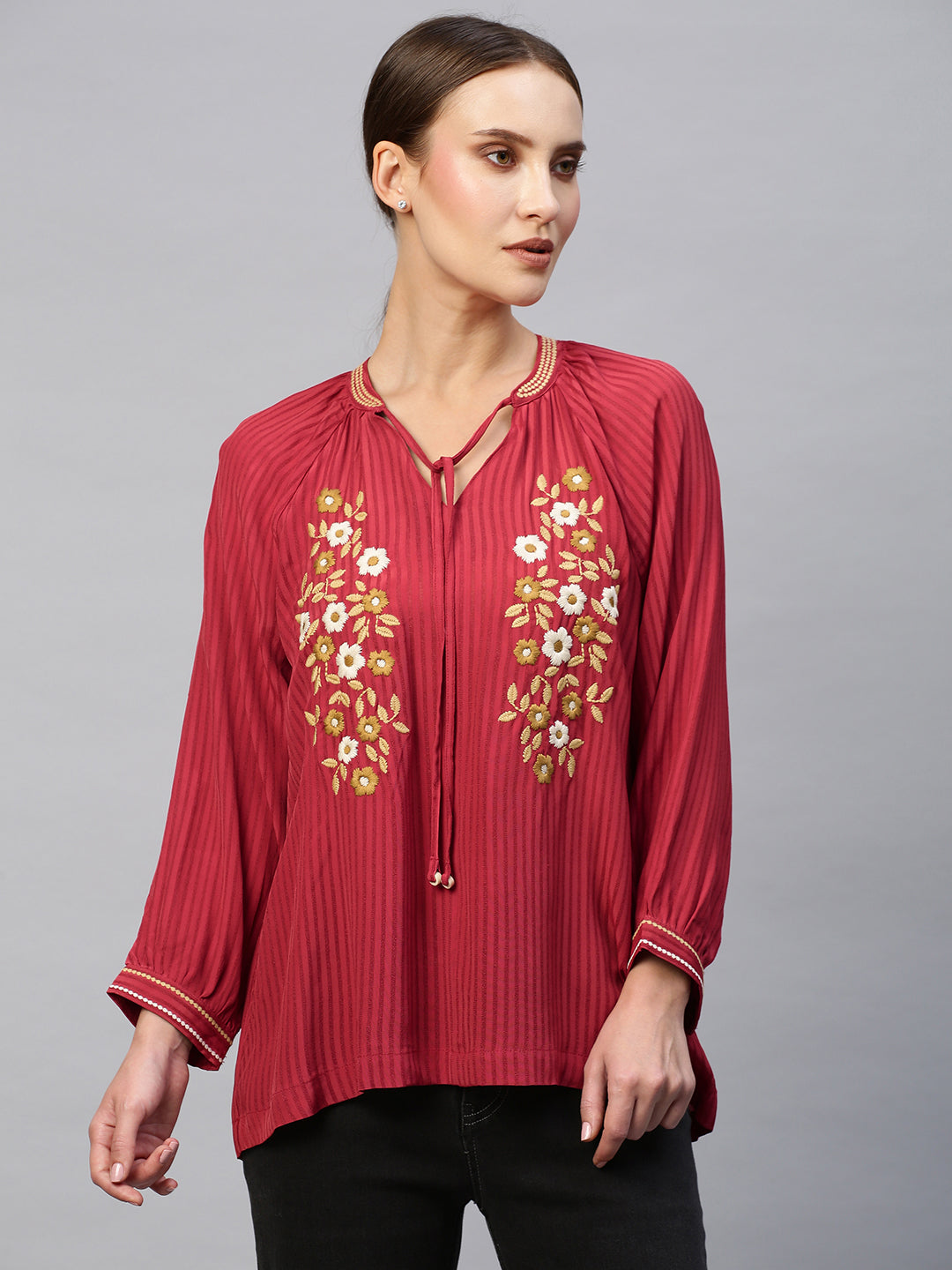 Viscose Crepe Dobby Embroidered Tunic Top