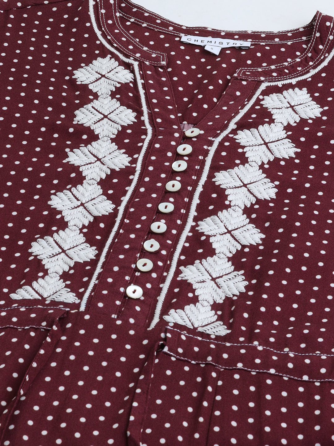 Printed Rayon, Embroidered Synched Waist Flared Shirt Dress