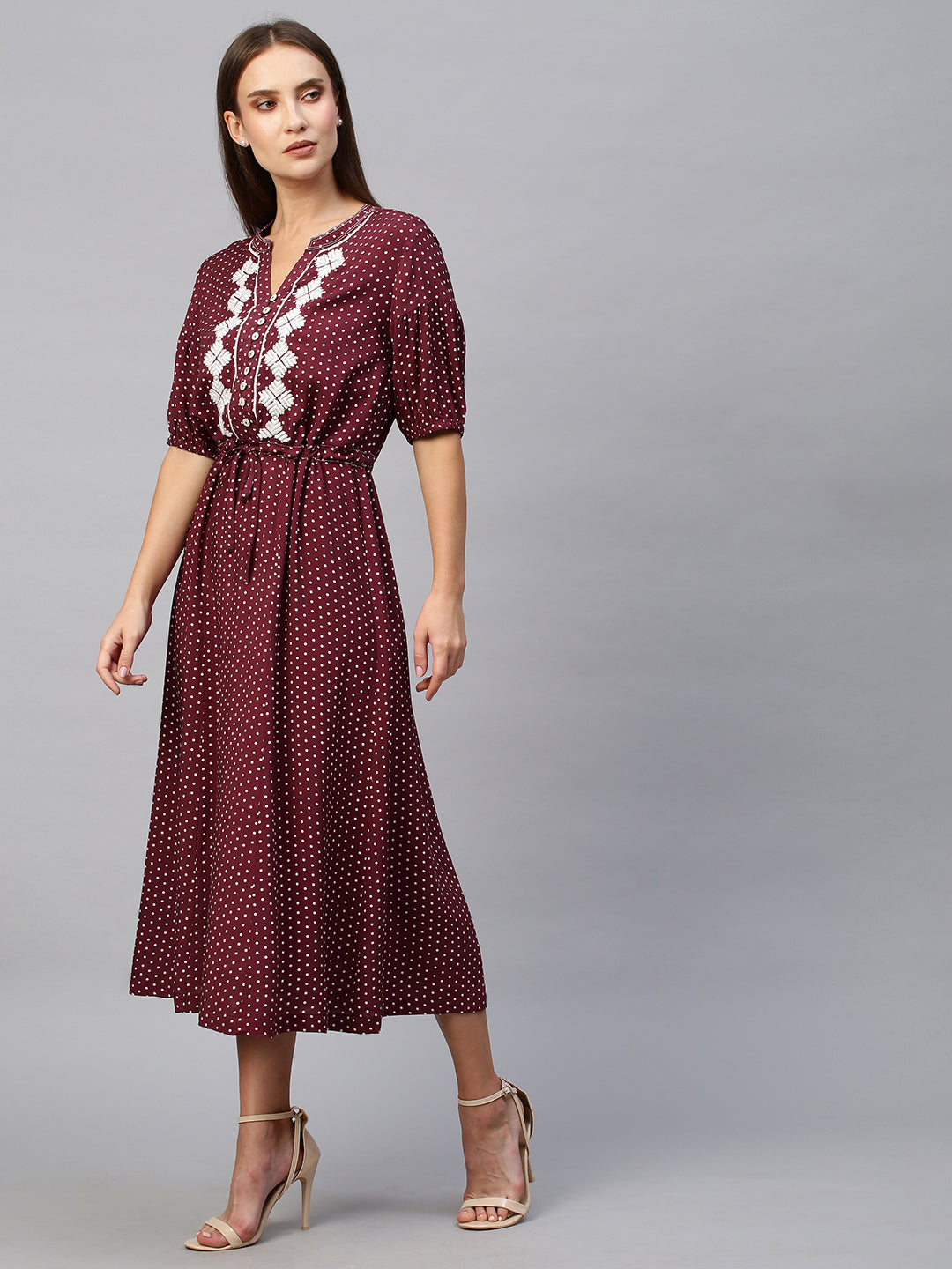 Printed Rayon, Embroidered Synched Waist Flared Shirt Dress