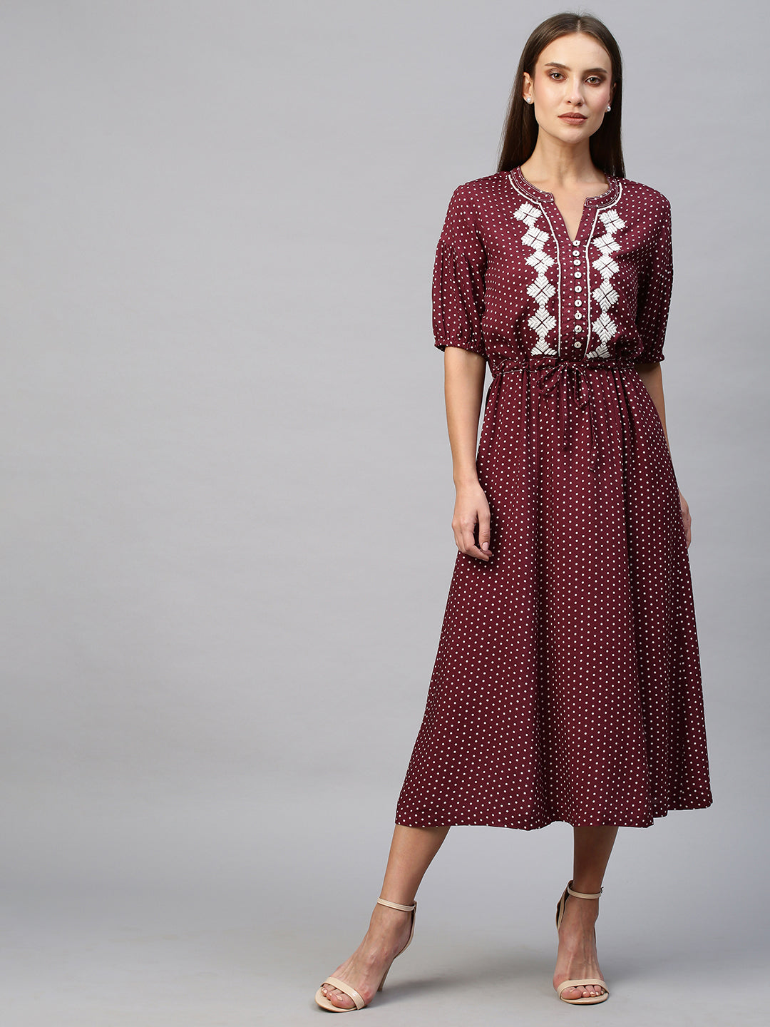 Printed Rayon, Embroidered Synched Waist Flared Shirt Dress