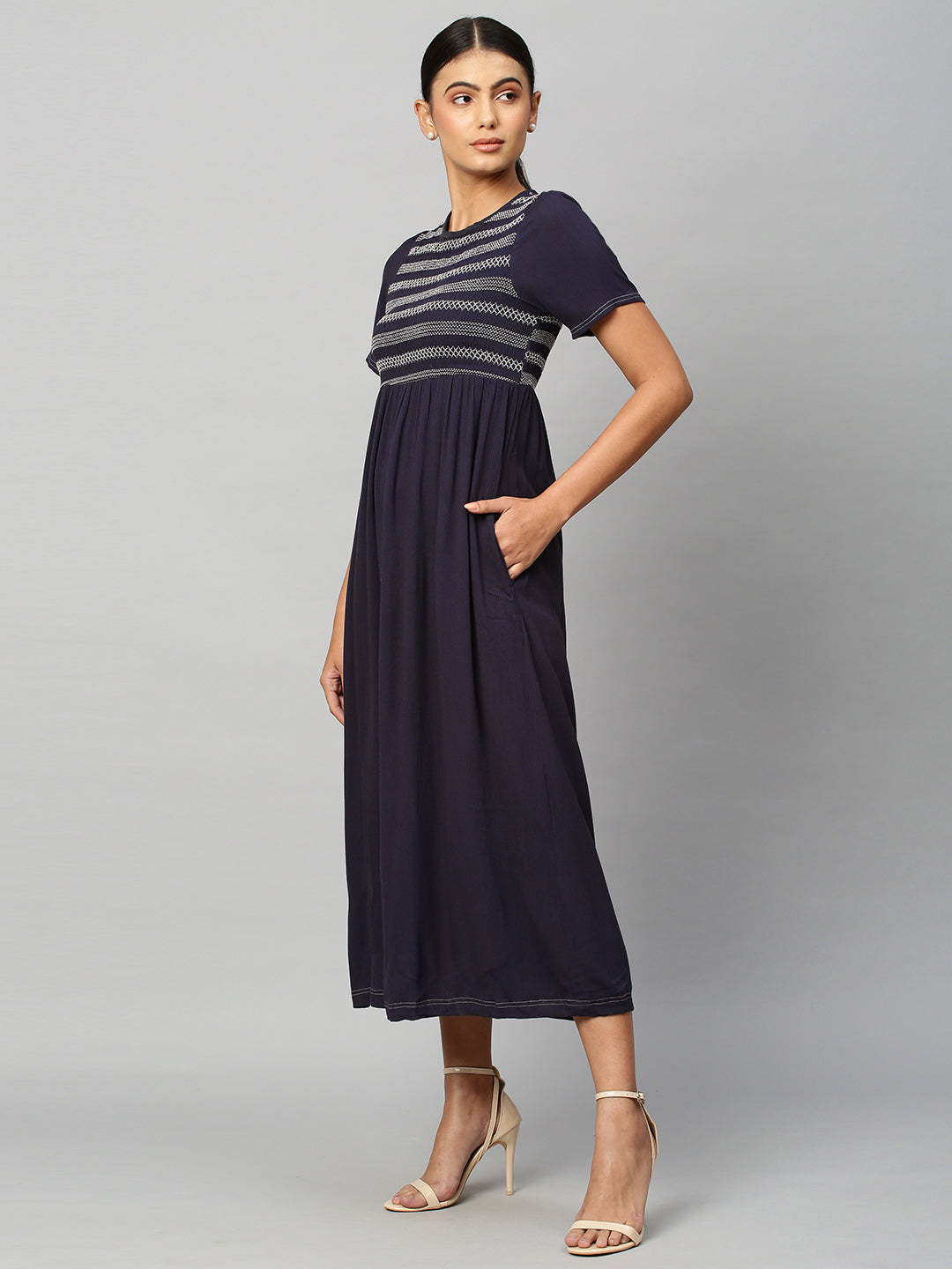 Crinkle Rayon Smocked Basque Dress