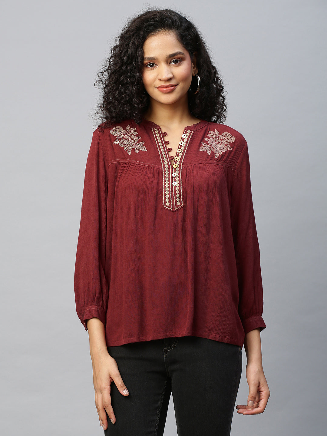 Crinkle Rayon Embroidered Yoke Swing Tunic Top