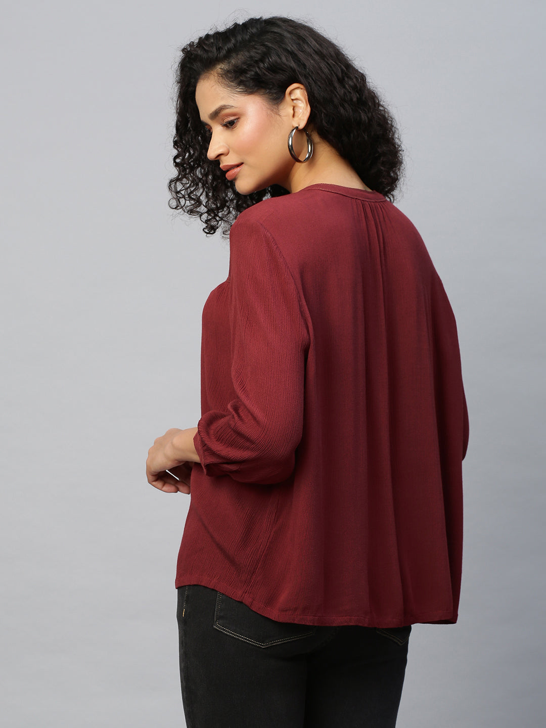 Crinkle Rayon Embroidered Yoke Swing Tunic Top
