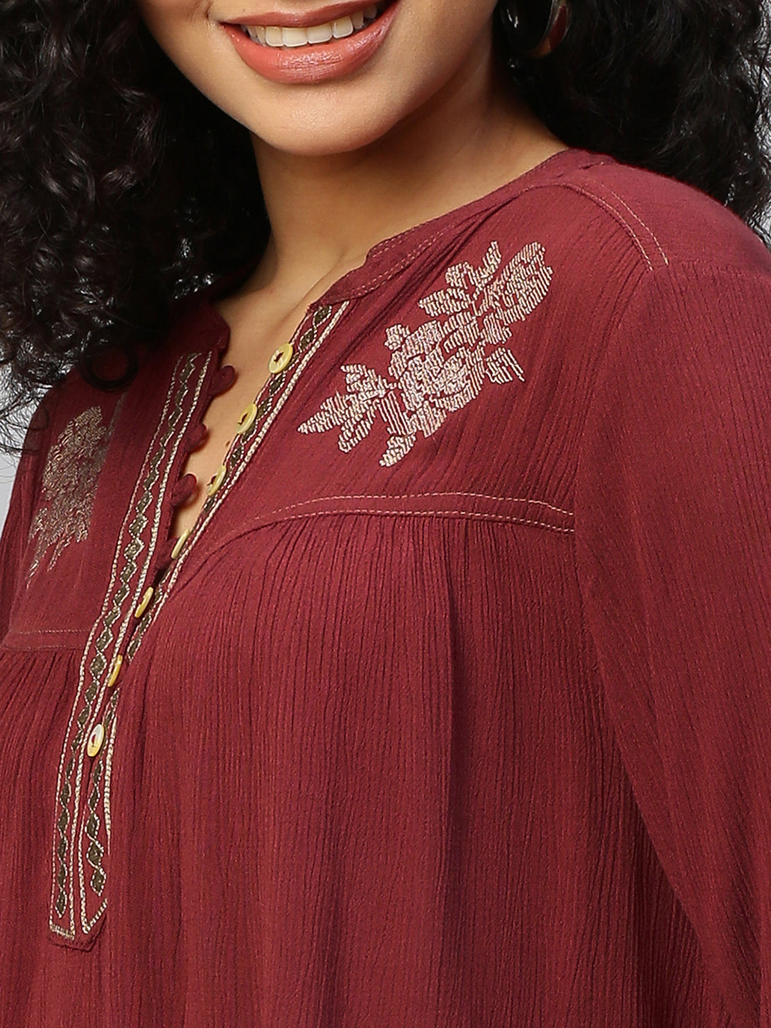 Crinkle Rayon Embroidered Yoke Swing Tunic Top