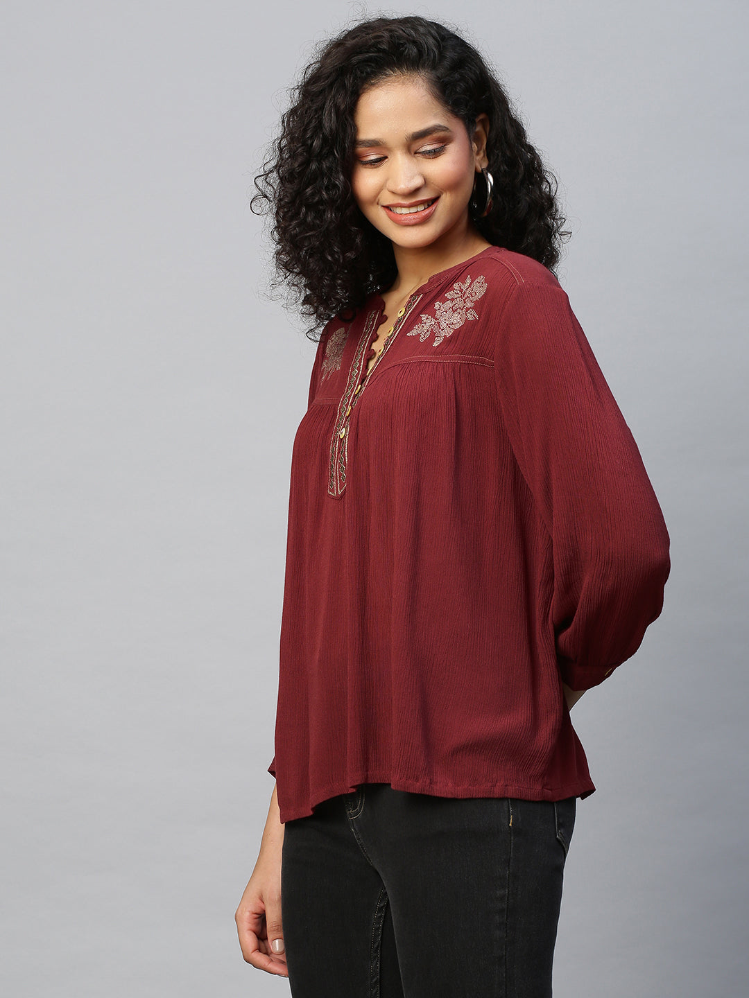 Crinkle Rayon Embroidered Yoke Swing Tunic Top