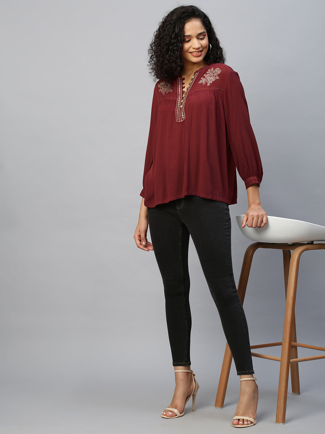Crinkle Rayon Embroidered Yoke Swing Tunic Top